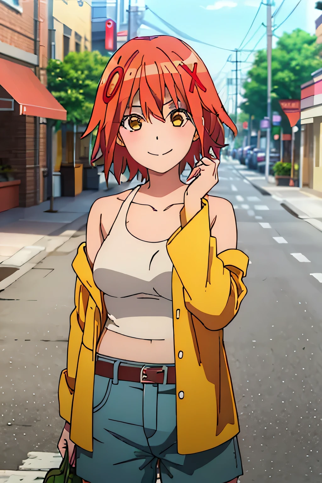 IZUMI, YELLOW EYES, ORANGE HAIR, HAIRCLIP, BANGS, X HAIR ORNAMENT, Shorts, yellow coat, collarbone, blue shorts, white shirt, bare shoulders, belt, sandals, bangs, yellow jacket, jacket, denim, off shoulder, brown belt, white tank top, hair between eyes, open clothes, sleeveless, hand up, long sleeves, bare legs, 1girl, solo, upper body, facing viewer, (looking at viewer:1.5), in the center, smile,