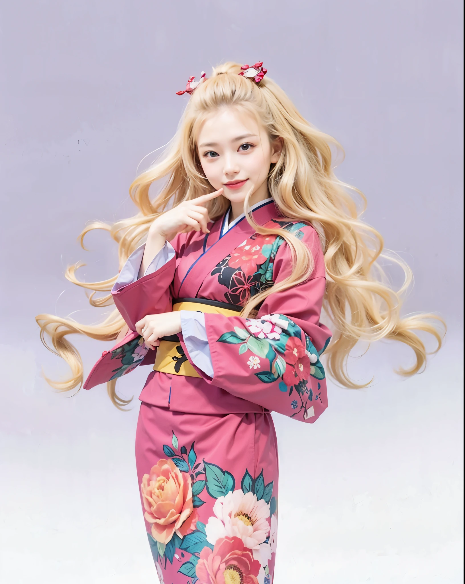 Kaya saimori, blonde hair, female, busty, my happy marriage, red kimono, confidence smile 