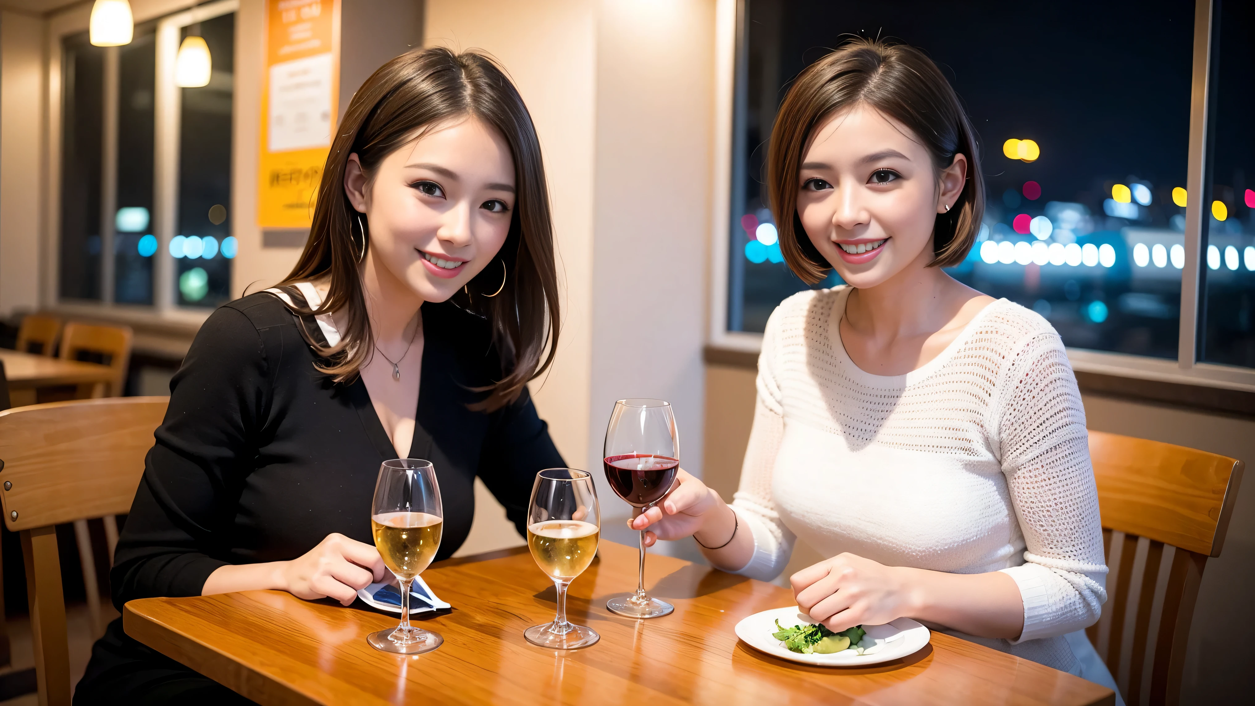 64k, UHD, highest quality, masterpiece: 1.2), (realistic, photorealistic: 1.37), Super detailed, celebration party、party of 5、3 women who love wine、2 males、Japanese sake、Shochu、champagne、Sparkling wine、winter night、restaurantでワイン宴会、(slimな男女4名),(Wine party for 5 people)、(slimフェイス),Happy、 最高なsmile、Fox Face、Berry Short、(because I'thin), (brown hair), (shortcut), long sleeve shirt、winter fashion、Japanese、Dutch、German、Portuguese、Belgian、Italian、french, (gush), (slimボティ), (brown hair), (shortcut), Neat beauty、cheeks blush a little, (34 years old), 38 years old, alone, A beautiful and detailed night view spreads out outside the window..., restaurant, wine glassが座っている, At night, in a prominent place (from the Upper body) nova frog style, actress, model, Upper body, White wine, slim, wine glass, very beautiful night view, wine glass Put in the Middle, Happy smile, (smile: 1.15),