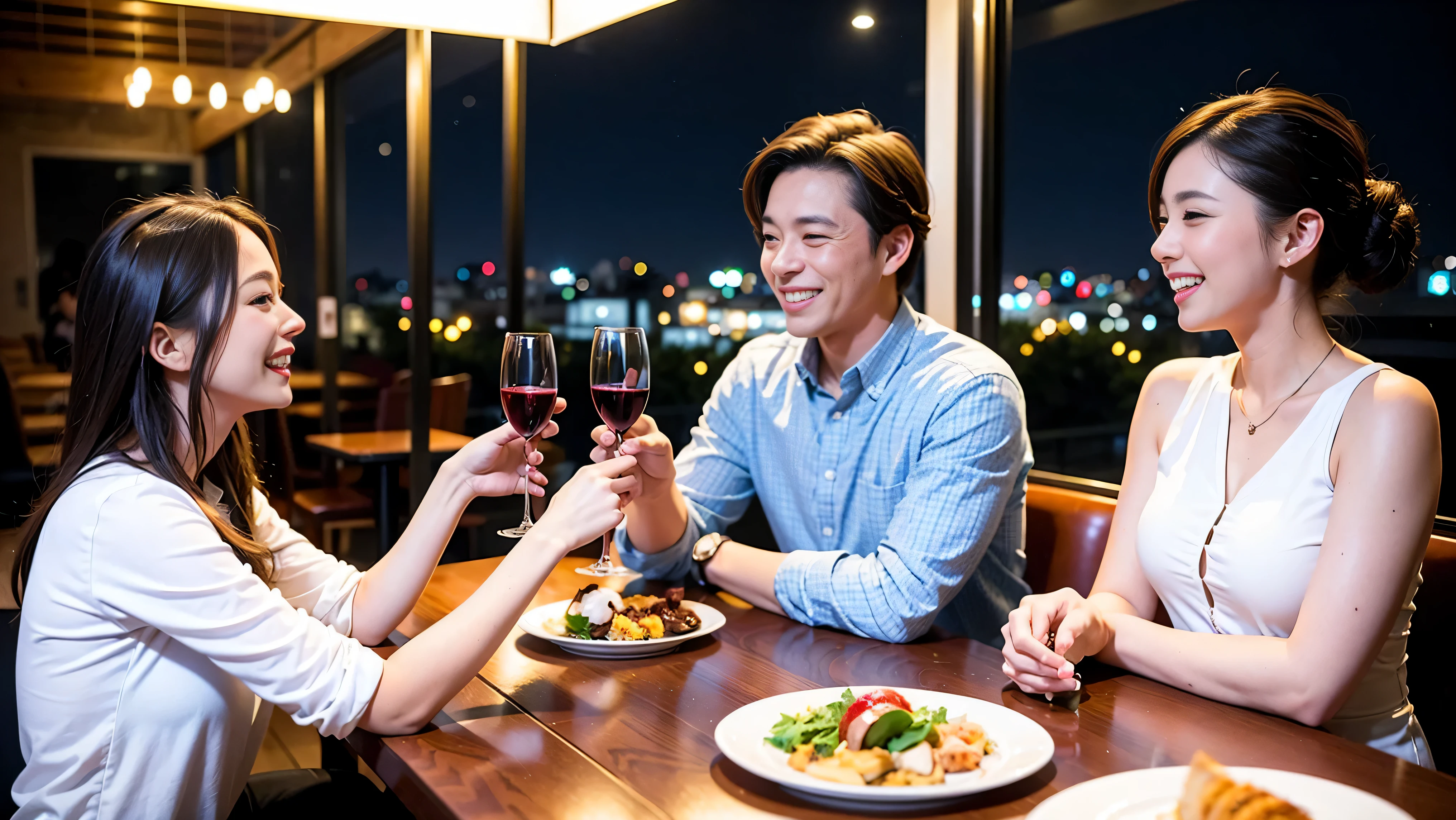 64k, UHD, highest quality, masterpiece: 1.2), (realistic, photorealistic: 1.37), Super detailed, celebration party、party of 5、3 women who love wine、2 males、Japanese sake、Shochu、champagne、Sparkling wine、winter night、restaurantでワイン宴会、(slimな男女4名),(Wine party for 5 people)、(slimフェイス),Happy、 最高なsmile、Fox Face、Berry Short、(because I'thin), (brown hair), (shortcut), long sleeve shirt、winter fashion、Japanese、Dutch、German、Portuguese、Belgian、Italian、french, (gush), (slimボティ), (brown hair), (shortcut), Neat beauty、cheeks blush a little, (34 years old), 38 years old, alone, A beautiful and detailed night view spreads out outside the window..., restaurant, wine glassが座っている, At night, in a prominent place (from the Upper body) nova frog style, actress, model, Upper body, White wine, slim, wine glass, very beautiful night view, wine glass Put in the Middle, Happy smile, (smile: 1.15),