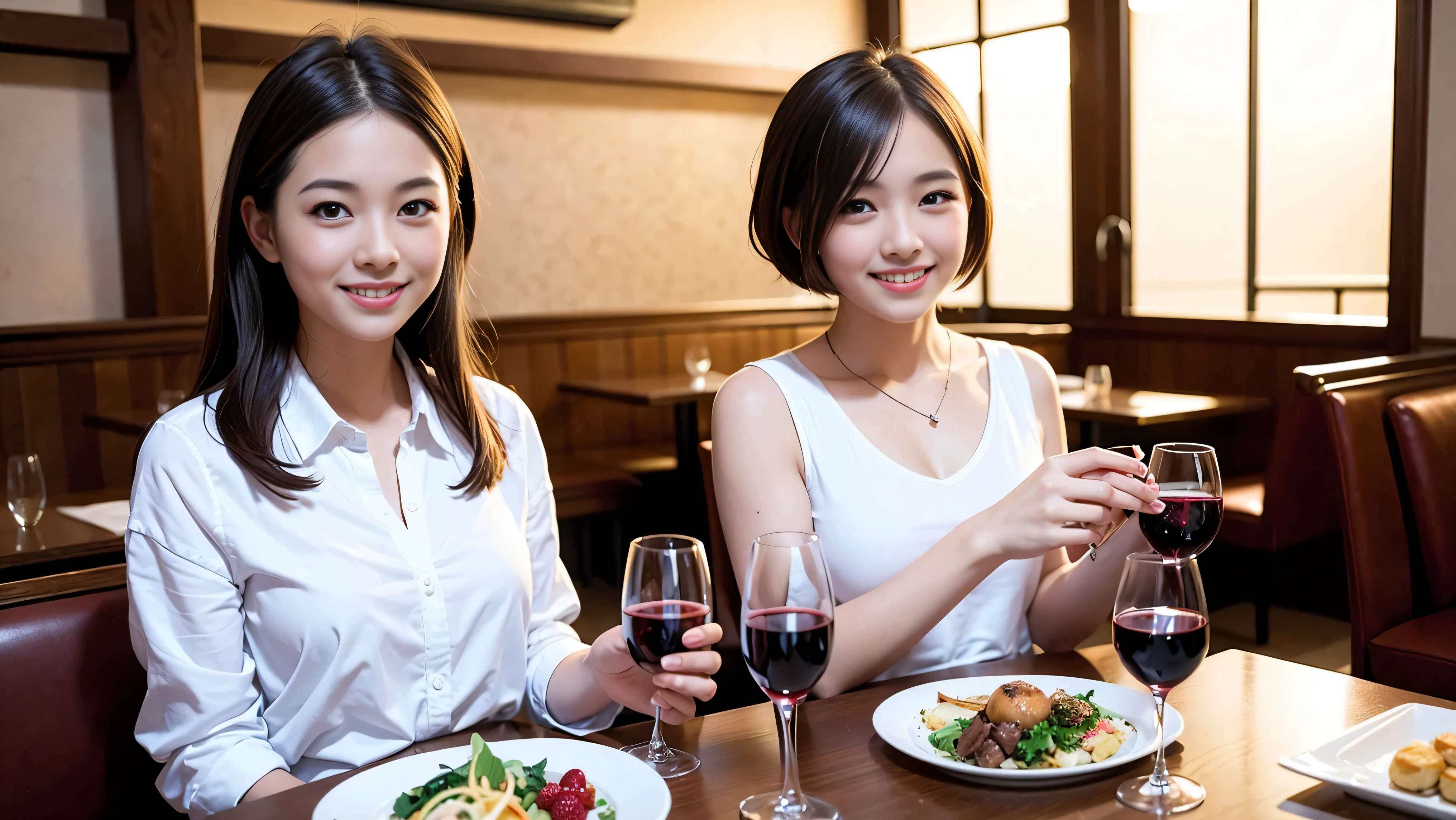 64k, UHD, highest quality, masterpiece: 1.2), (realistic, photorealistic: 1.37), Super detailed, celebration party、party of 5、3 women who love wine、2 males、Japanese sake、Shochu、champagne、Sparkling wine、winter night、restaurantでワイン宴会、(slimな男女4名),(Wine party for 5 people)、(slimフェイス),Happy、 最高なsmile、Fox Face、Berry Short、(because I&#39;thin), (brown hair), (shortcut), long sleeve shirt、winter fashion、Japanese、Dutch、German、Portuguese、Belgian、Italian、french, (gush), (slimボティ), (brown hair), (shortcut), Neat beauty、cheeks blush a little, (34 years old), 38 years old, alone, A beautiful and detailed night view spreads out outside the window..., restaurant, wine glassが座っている, At night, in a prominent place (from the Upper body) nova frog style, actress, model, Upper body, White wine, slim, wine glass, very beautiful night view, wine glass Put in the Middle, Happy smile, (smile: 1.15), 