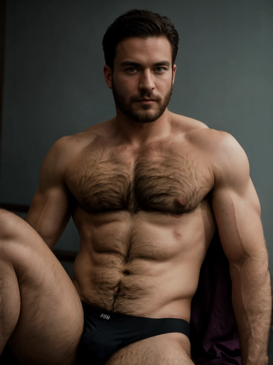 masterpiece, best quality, high resolution, closeup portrait, male focus, solo focus, A man, with doctor clothes, 50 years old, bare chest, lean body, hairy legs, posing like a model, tight underwear, body hair, facial hair, muscular , in the background a doctor office, amazing composition, front view, HDR, ultra quality, elegant, highly detailed, beard, dimples, model face, hairy body, handsome, god looking, attractive