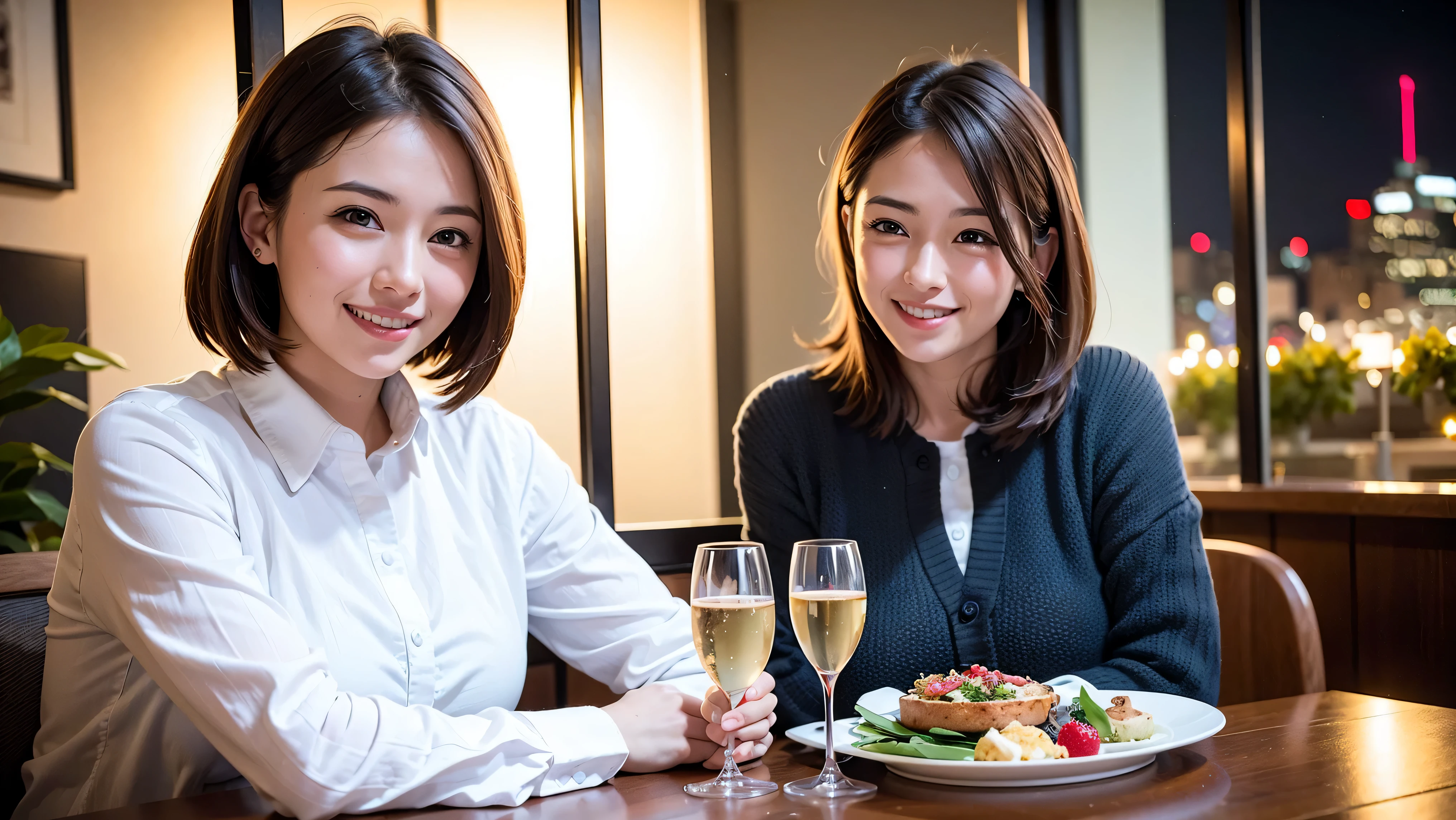 64k, UHD, highest quality, masterpiece: 1.2), (realistic, photorealistic: 1.37), Super detailed, celebration party、party of 5、3 women who love wine、2 males、Japanese sake、Shochu、champagne、Sparkling wine、winter night、restaurantでワイン宴会、(slimな男女4名),(Wine party for 5 people)、(slimフェイス),Happy、 最高なsmile、Fox Face、Berry Short、(because I&#39;thin), (brown hair), (shortcut), long sleeve shirt、winter fashion、Japanese、Dutch、German、Portuguese、Belgian、Italian、french, (gush), (slimボティ), (brown hair), (shortcut), Neat beauty、cheeks blush a little, (34 years old), 38 years old, alone, A beautiful and detailed night view spreads out outside the window..., restaurant, wine glassが座っている, At night, in a prominent place (from the Upper body) nova frog style, actress, model, Upper body, White wine, slim, wine glass, very beautiful night view, wine glass Put in the Middle, Happy smile, (smile: 1.15), 