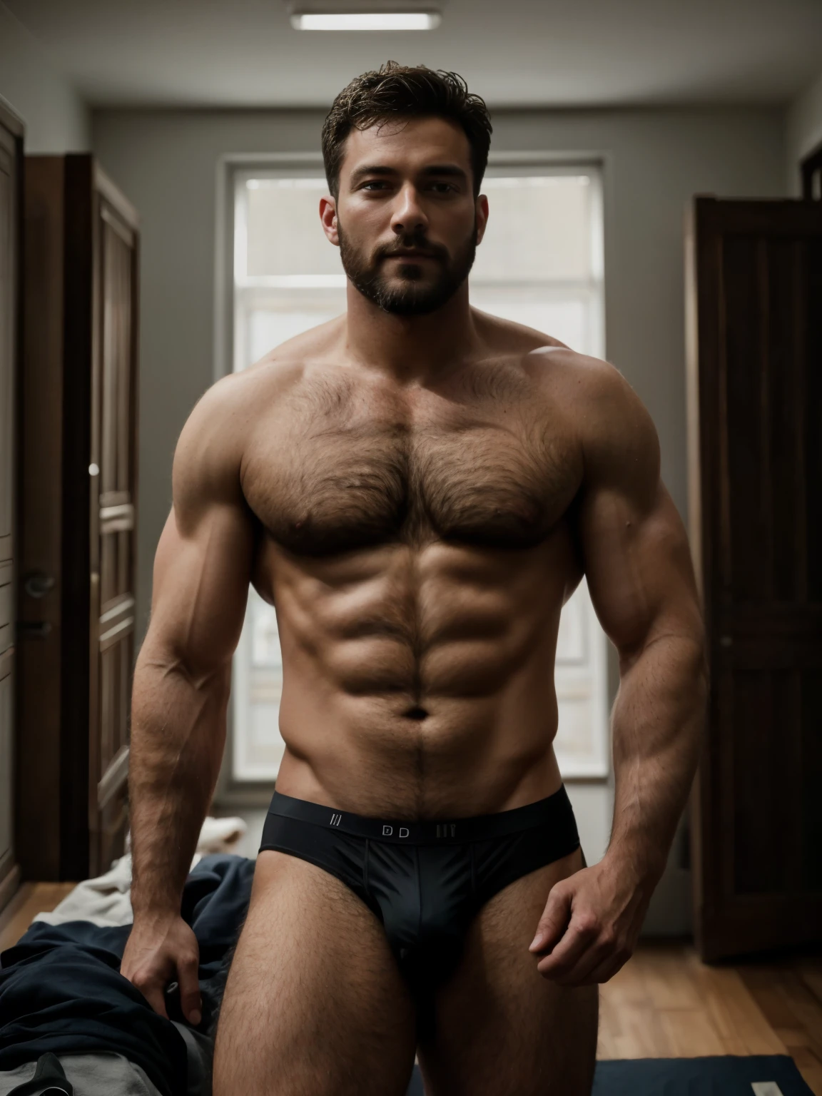 masterpiece, best quality, high resolution, closeup portrait, male focus, solo focus, A man, with doctor clothes, 50 years old, bare chest, lean body, hairy legs, posing like a model, tight underwear, body hair, facial hair, muscular , in the background a doctor office, amazing composition, front view, HDR, ultra quality, elegant, highly detailed, beard, dimples, model face, hairy body, handsome, god looking, attractive
