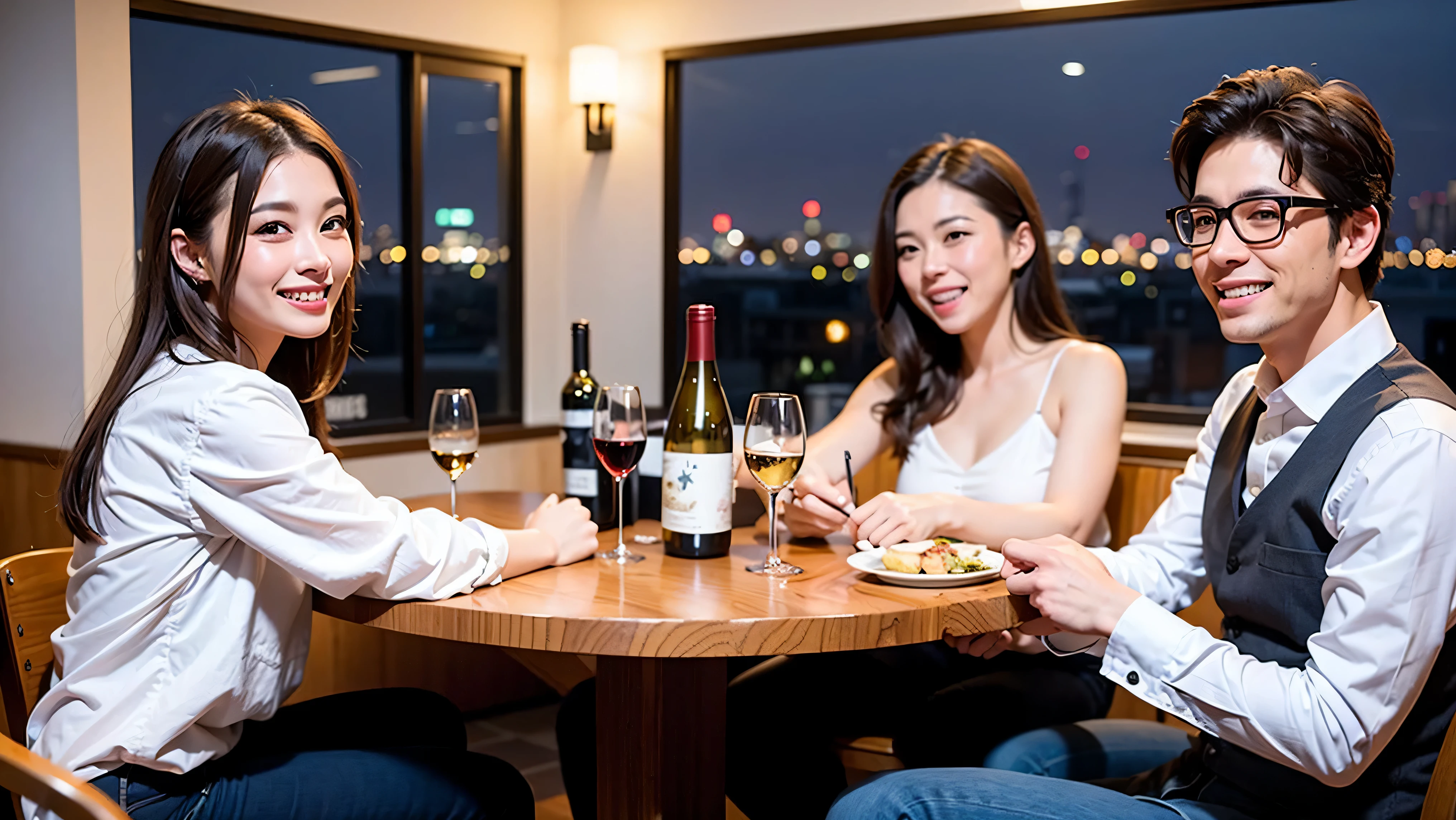 64k, UHD, highest quality, masterpiece: 1.2), (realistic, photorealistic: 1.37), Super detailed, celebration party、party of 5、3 women who love wine、2 males、Japanese sake、Shochu、champagne、Sparkling wine、winter night、restaurantでワイン宴会、(slimな男女4名),(Wine party for 5 people)、(slimフェイス),Happy、 最高なsmile、Fox Face、Berry Short、(because I'thin), (brown hair), (shortcut), long sleeve shirt、winter fashion、Japanese、Dutch、German、Portuguese、Belgian、Italian、french, (gush), (slimボティ), (brown hair), (shortcut), Neat beauty、cheeks blush a little, (34 years old), 38 years old, alone, A beautiful and detailed night view spreads out outside the window..., restaurant, wine glassが座っている, At night, in a prominent place (from the Upper body) nova frog style, actress, model, Upper body, White wine, slim, wine glass, very beautiful night view, wine glass Put in the Middle, Happy smile, (smile: 1.15),