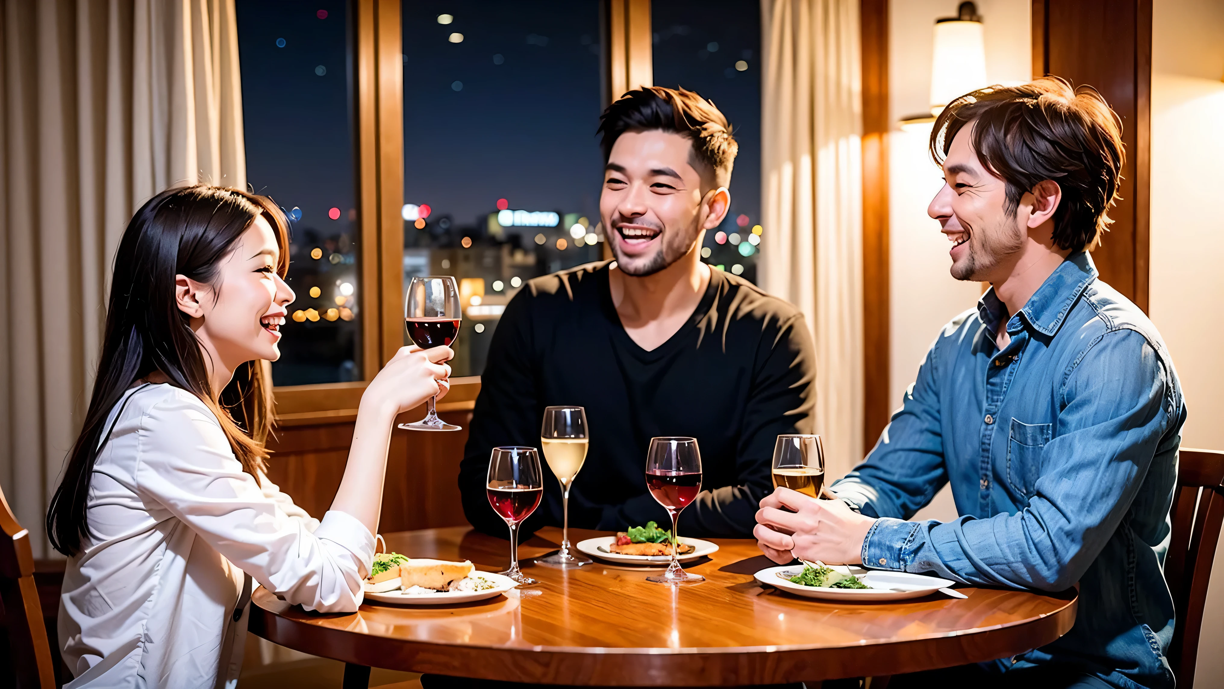 64k, UHD, highest quality, masterpiece: 1.2), (realistic, photorealistic: 1.37), Super detailed, celebration party、party of 5、3 women who love wine、2 males、Japanese sake、Shochu、champagne、Sparkling wine、winter night、restaurantでワイン宴会、(slimな男女4名),(Wine party for 5 people)、(slimフェイス),Happy、 最高なsmile、Fox Face、Berry Short、(because I&#39;thin), (brown hair), (shortcut), long sleeve shirt、winter fashion、Japanese、Dutch、German、Portuguese、Belgian、Italian、french, (gush), (slimボティ), (brown hair), (shortcut), Neat beauty、cheeks blush a little, (34 years old), 38 years old, alone, A beautiful and detailed night view spreads out outside the window..., restaurant, wine glassが座っている, At night, in a prominent place (from the Upper body) nova frog style, actress, model, Upper body, White wine, slim, wine glass, very beautiful night view, wine glass Put in the Middle, Happy smile, (smile: 1.15), 