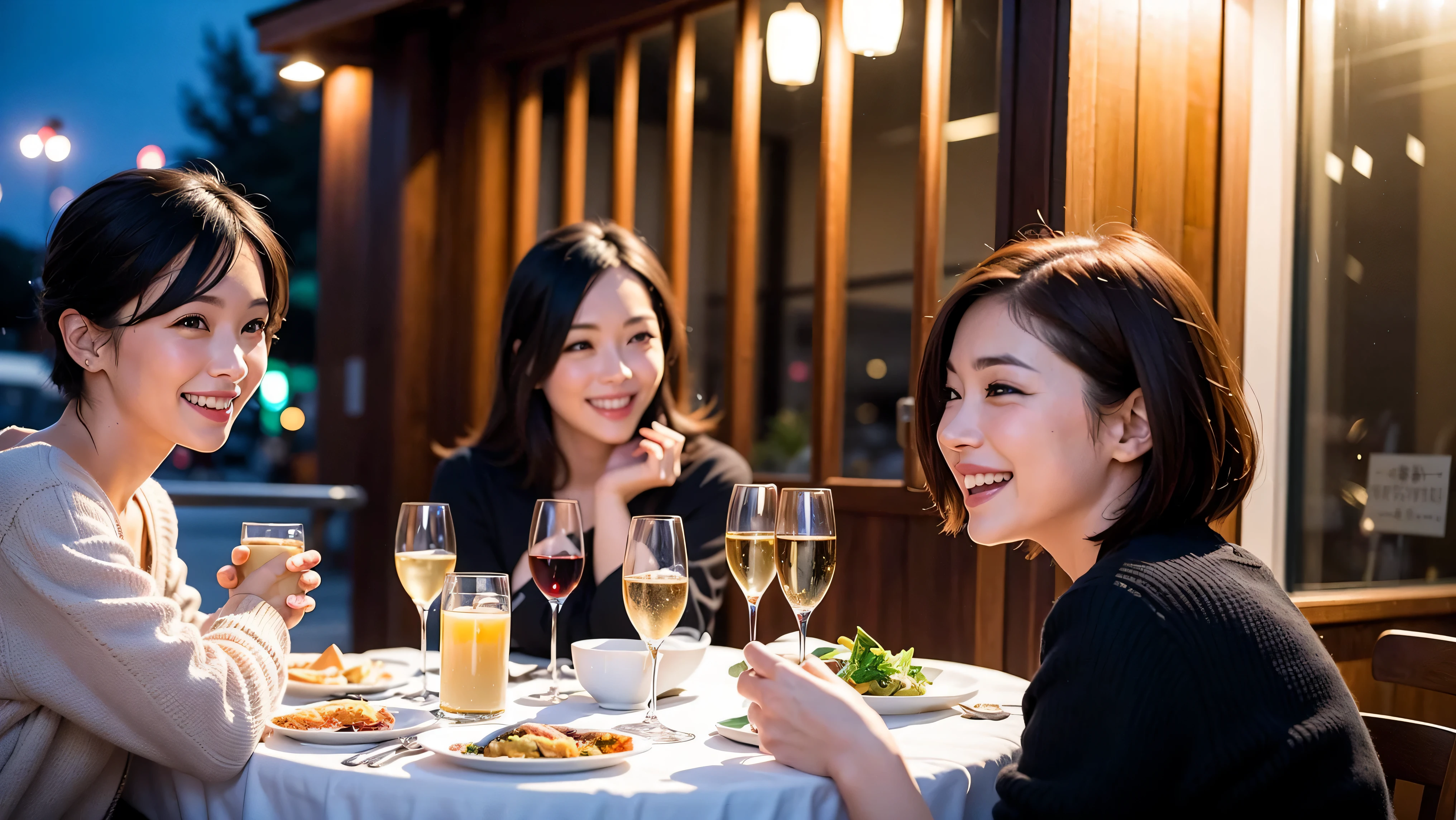 k, UHD, highest quality, masterpiece: 1.2), (realistic, photorealistic: 1.37), Super detailed, celebration paarty o women who love wine、2 males、Japanese sake、Shochu、champagne、Sparkling wine、winter night、restaurantでワイン宴会、(slimな男女4名),(Wine party for 5 e)、(slimフェイス),Happy、 最高なsmile、Fox Face、Berry Short、(because I'thin), (brown hair), (shortcut), long sleeve shirt、winter fashion、Japanese、Dutch、German、Portuguese、Belgian、Italian、french, (gush), (slimボティ), (brown hair), (shortcut), Neat beauty、cheeks blush a little, (34 years old), 38 years old, alone, A beautiful and detailed night view spreads out outside the window..., restaurant, wine glassが座っている, At night, in a prominent place (from the Upper body) nova frog style, actress, model, Upper body, White wine, slim, wine glass, very beautiful night view, wine glass Put in the Middle, Happy smile, (smile: 1.15),