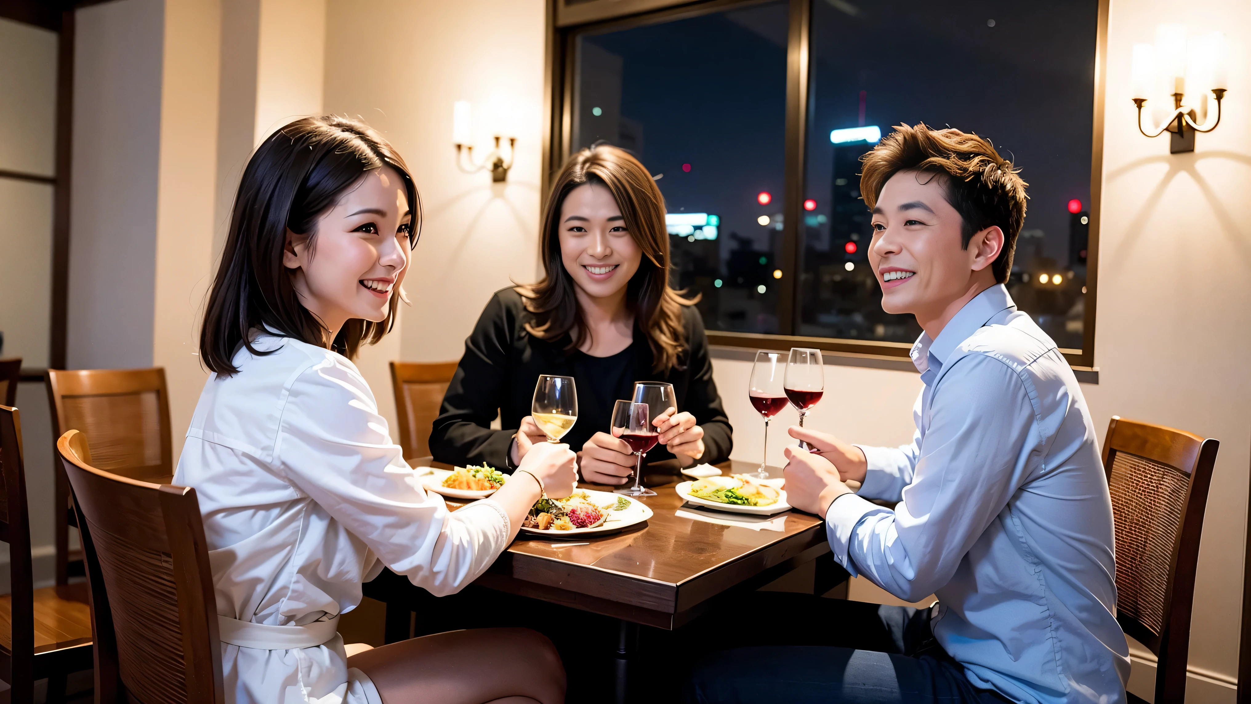 64k, UHD, highest quality, masterpiece: 1.2), (realistic, photorealistic: 1.37), Super detailed, celebration party、party of 5、3 women who love wine、2 males、Japanese sake、Shochu、champagne、Sparkling wine、winter night、restaurantでワイン宴会、(slimな男女4名),(Wine party for 5 people)、(slimフェイス),Happy、 最高なsmile、Fox Face、Berry Short、(because I&#39;thin), (brown hair), (shortcut), long sleeve shirt、winter fashion、Japanese、Dutch、German、Portuguese、Belgian、Italian、french, (gush), (slimボティ), (brown hair), (shortcut), Neat beauty、cheeks blush a little, (34 years old), 38 years old, alone, A beautiful and detailed night view spreads out outside the window..., restaurant, wine glassが座っている, At night, in a prominent place (from the Upper body) nova frog style, actress, model, Upper body, White wine, slim, wine glass, very beautiful night view, wine glass Put in the Middle, Happy smile, (smile: 1.15), 