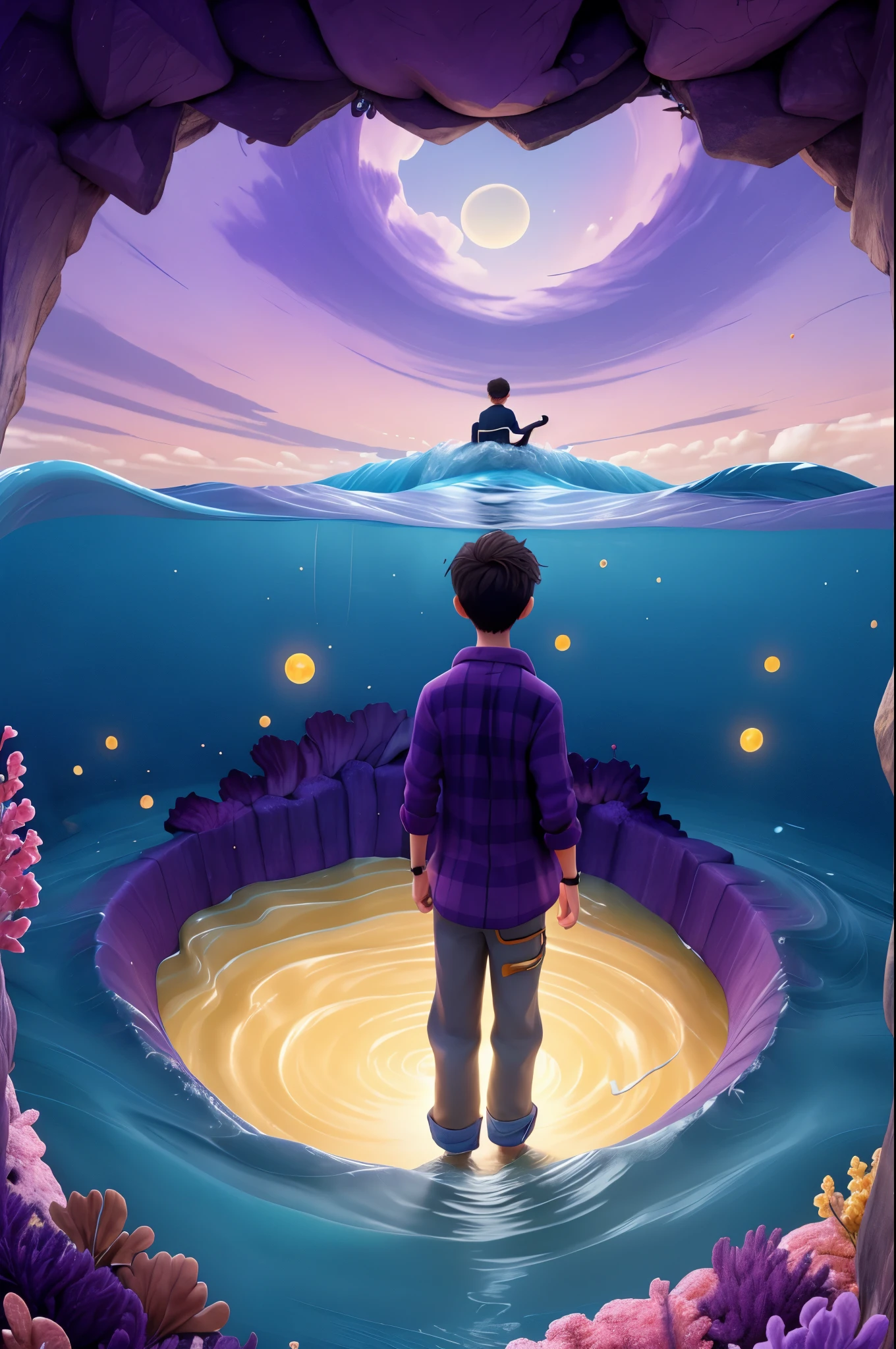 A boy falls into the purple ocean,coma,There are whirlpools in the ocean