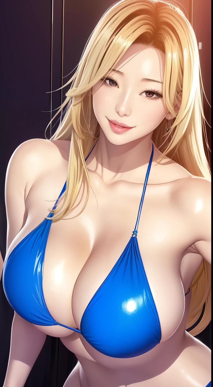 Joshiochi,1 girl,long hair,blonde,bangs,swollen lips,painted lips, thick lips,reveal cleavage, erotic, smile,Hitomi Tanaka's chest,huge breasts,older sister,blue bikini,25 years old,Sweat,shiny skin