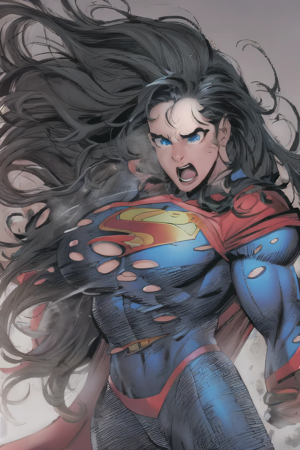 jim lee, 1boy, superman abs, bara, long black hair, blue bodysuit, blue eyes, bodysuit, cape, open mouth, one large pectoral, the other swelling into a huge breast, male to female focus, muscles shrinking, red cape, lonfg hair, simple background, solo, superhero, upper body,flat style , ((masterpiece)) gender transformation
mtf, sequence, full body, transforming into woman, breast expansion, huge breasts, stretched, torn, ripped, bodysuit, ass expansion, hip expansion, look of shock, pov of camera, cupping breasts, beautiful face