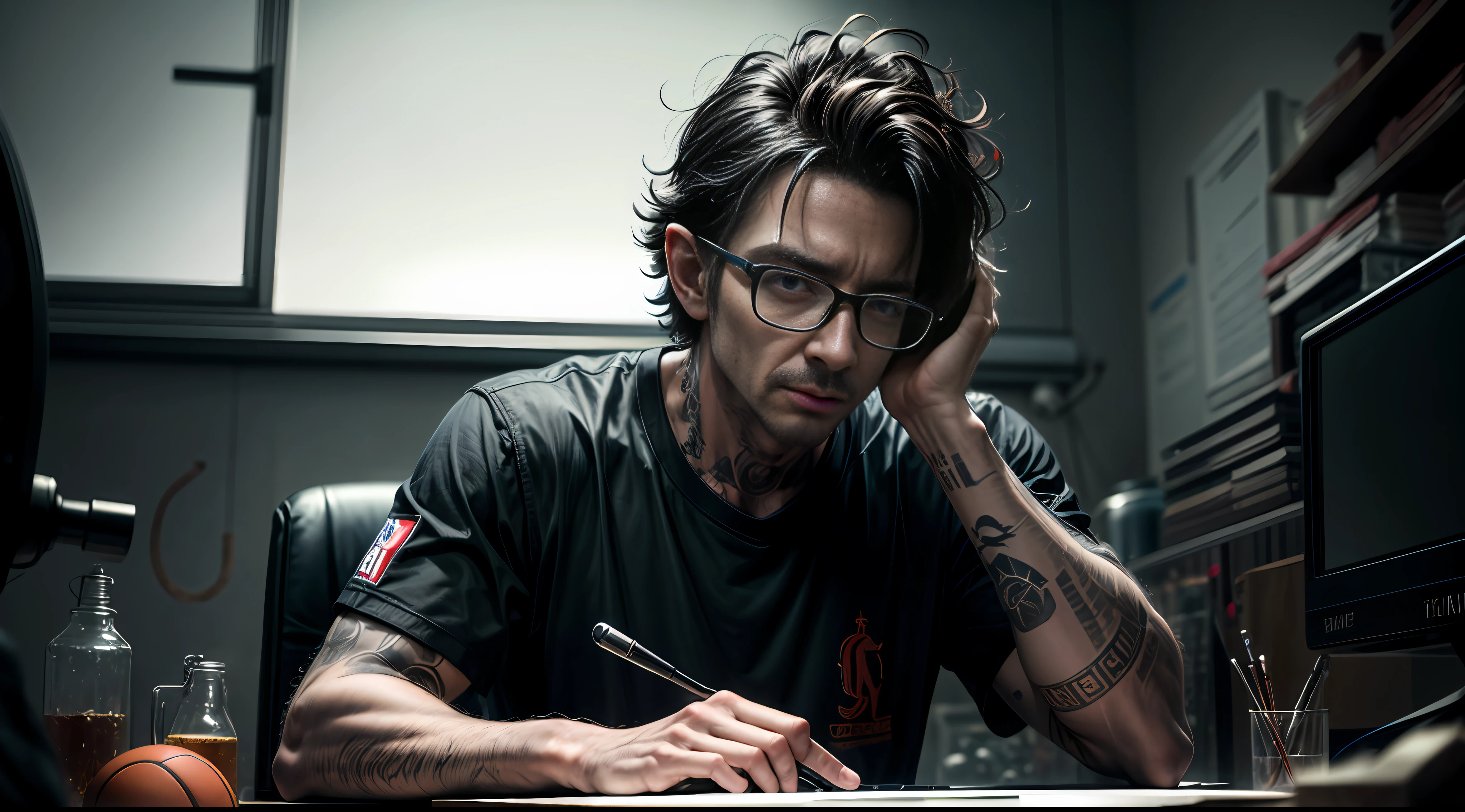 Nerd very thin man, uggly, basketball shirt, tatoos, typing on a laptop, crown as a hat,Big glasses sitting, detailed eyes, detailed face, inside his lab,
, crazy scene from a movie, dramatic shooting angle, atmospheric particles,
Real, raw cinematic photorealism, action portrait, 8k, detailed, centered, full frame