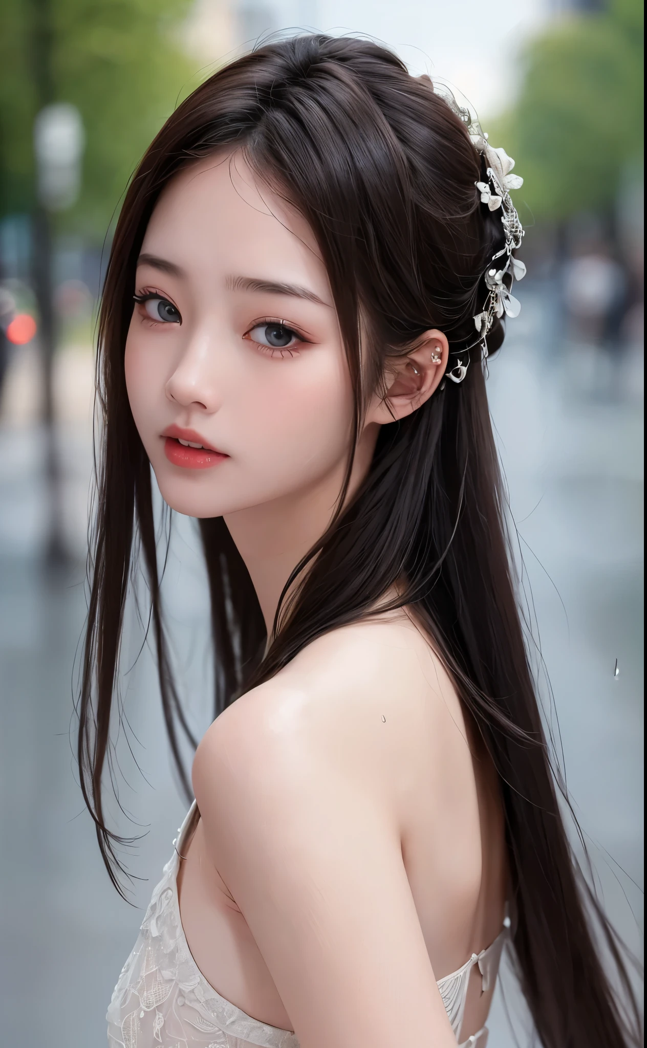 ((best qualtiy, 8K, tmasterpiece:1.3)), Focus:1.2, perfect figure beautiful woman:1.4, Cocked buttocks:1.2, ((Cut hair in layers)), (wetclothes:1.1) , (rain, street:1.3), (shift dresses:1.2)，Highly detailed facial and skin texture, 詳細な目, 二重まぶた，Whiten skin，long whitr hair,(Keep one's mouth shut:1.5)，cropped shoulders，Close-up of the shoulder，(Bokeh background:1.5)，（Sexual infatuation），(full bodyesbian），（Butt to the camera，Upturned ass:1.4）,露出胸部、露出胸部、露出乳房、露出胸部、露出乳房，全身显示，全身显示