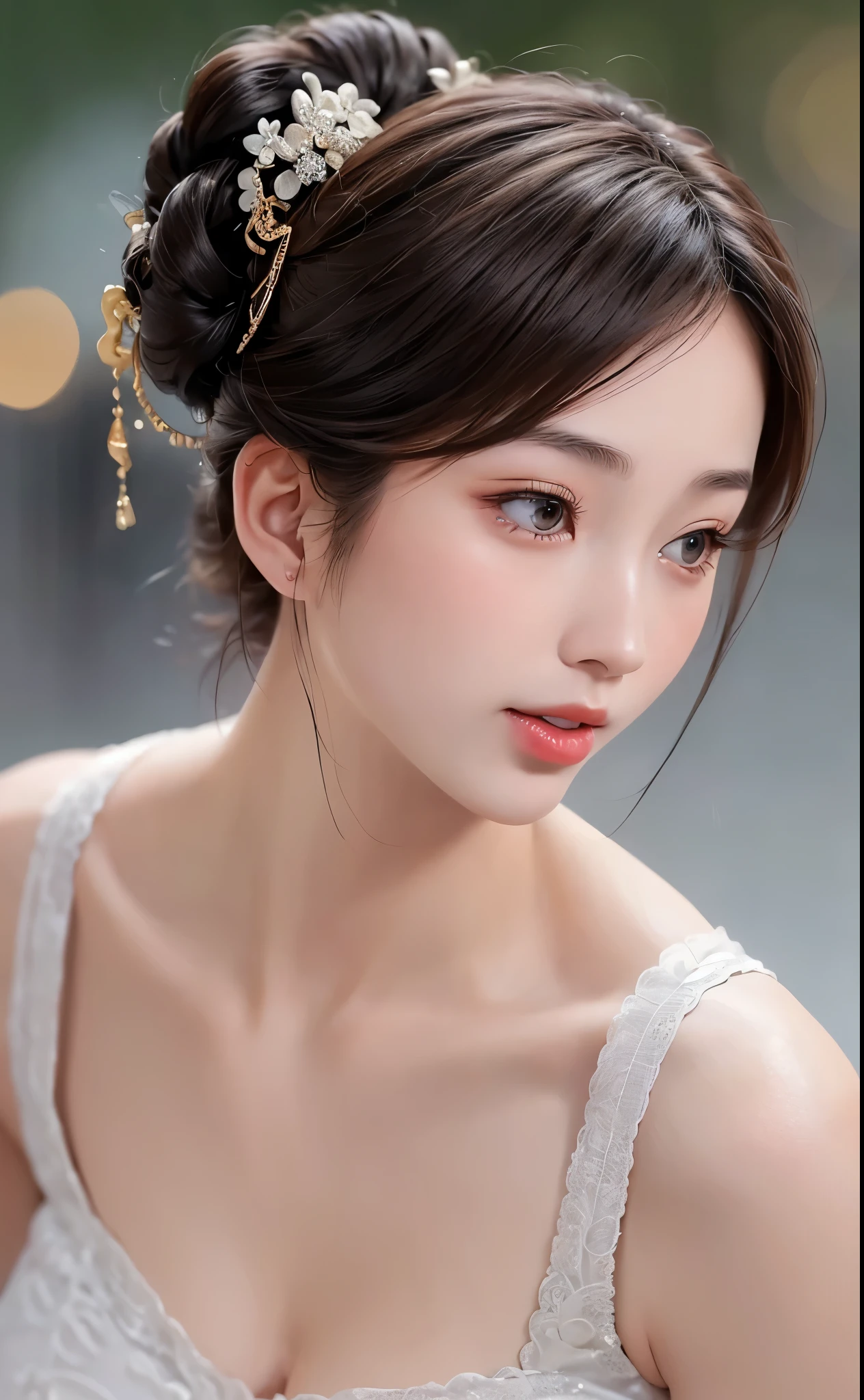 ((best qualtiy, 8K, tmasterpiece:1.3)), Focus:1.2, perfect figure beautiful woman:1.4, Cocked buttocks:1.2, ((Cut hair in layers)), (wetclothes:1.1) , (rain, street:1.3), (shift dresses:1.2)，Highly detailed facial and skin texture, 詳細な目, 二重まぶた，Whiten skin，long whitr hair,(Keep one's mouth shut:1.5)，cropped shoulders，Close-up of the shoulder，(Bokeh background:1.5)，（Sexual infatuation），(full bodyesbian），（Butt to the camera，Upturned ass:1.4）,露出胸部、露出胸部、露出乳房、露出胸部、露出乳房，全身显示，全身显示，巨大的胸部、巨大的乳房
