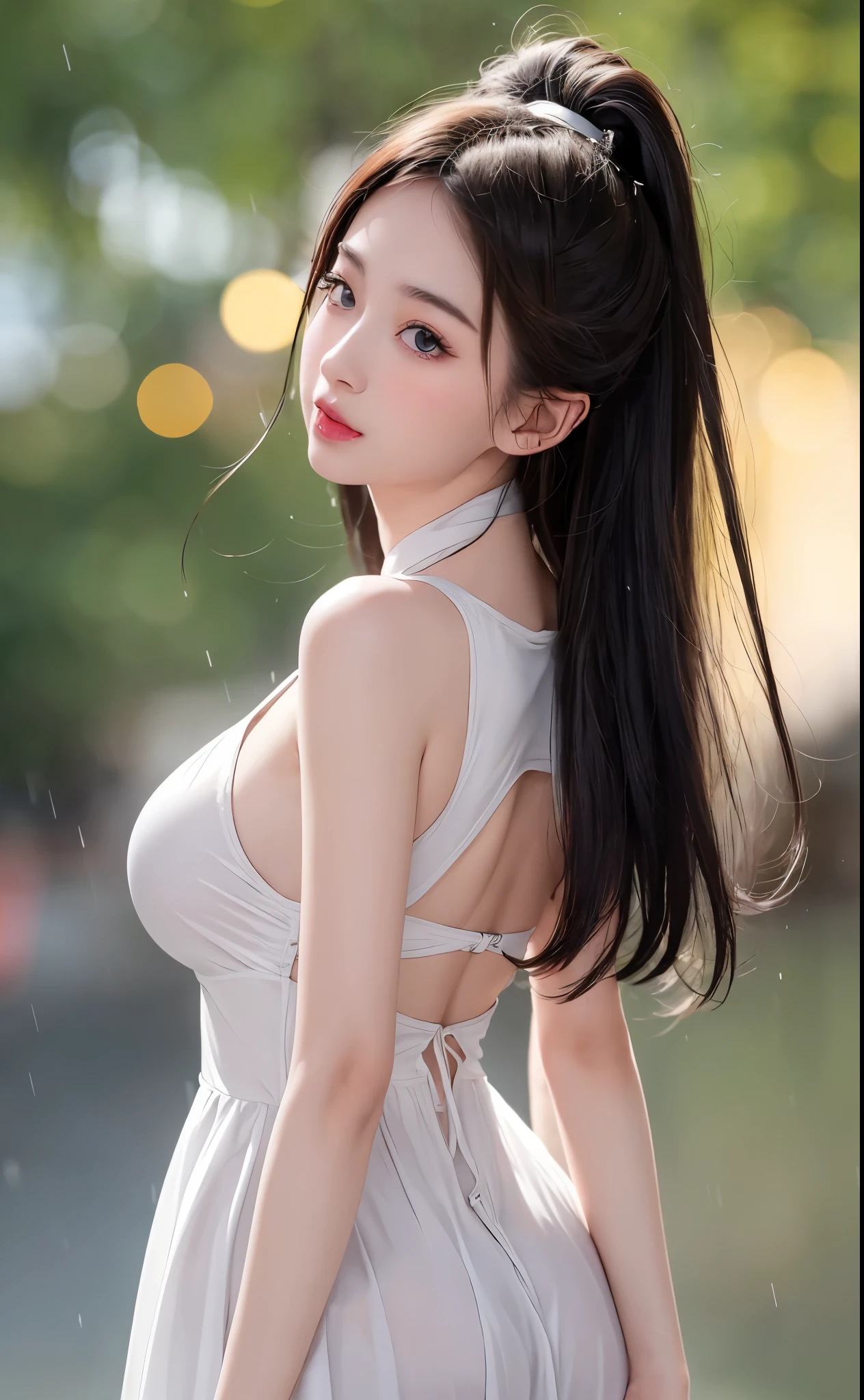 ((best qualtiy, 8K, tmasterpiece:1.3)), Focus:1.2, perfect figure beautiful woman:1.4, Cocked buttocks:1.2, ((Cut hair in layers)), (wetclothes:1.1) , (rain, street:1.3), (shift dresses:1.2),Highly detailed facial and skin texture, 詳細な目, 二重まぶた,Whiten skin,long whitr hair,(Keep one's mouth shut:1.5),cropped shoulders,Close-up of the shoulder,(Bokeh background:1.5),(Sexual infatuation),(full bodyesbian),(Butt to the camera,Upturned ass:1.4),露出胸部、露出胸部、露出乳房、露出胸部、露出乳房,全身显示,全身显示,巨大的胸部、巨大的乳房