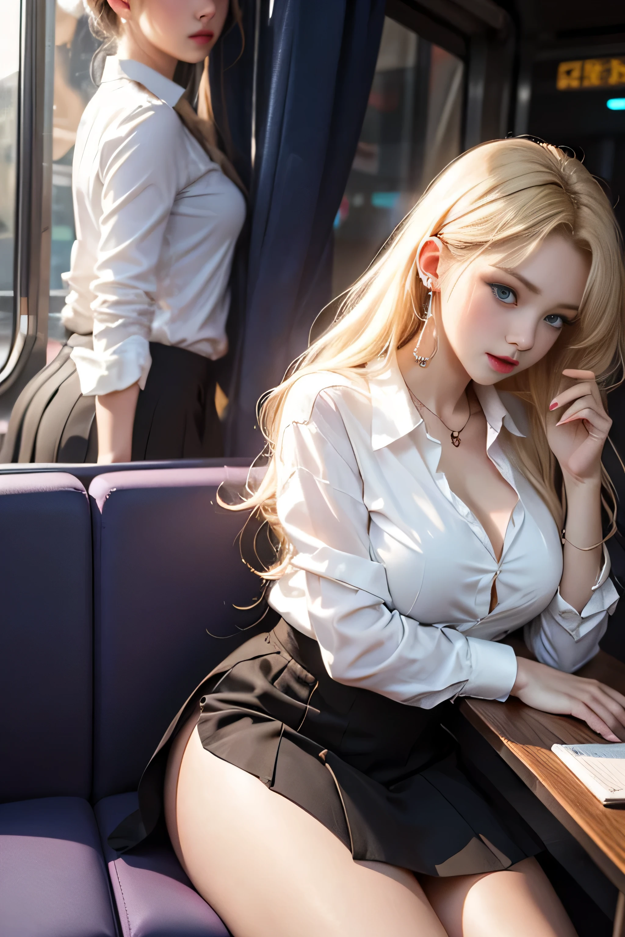 The train crowded several men hugging her from behind.、Talking in her ear,other men go get her on their lap,go get her,swing up mini white skirt, 40k, change, table top, highest quality, dark gray background, (1 girl&#39;Blue eyes and blonde hair turn curly quickly), she swings her skirt、Do a sexy round until the big ass is waiting with the chest out。.:  1.3), (white open shirt with wide chest: 1.3),elderly man leaning against the back go get her,Versatile poses.(raise the hem of the skirt),(lift the skirt),(I can see her white thong panties),