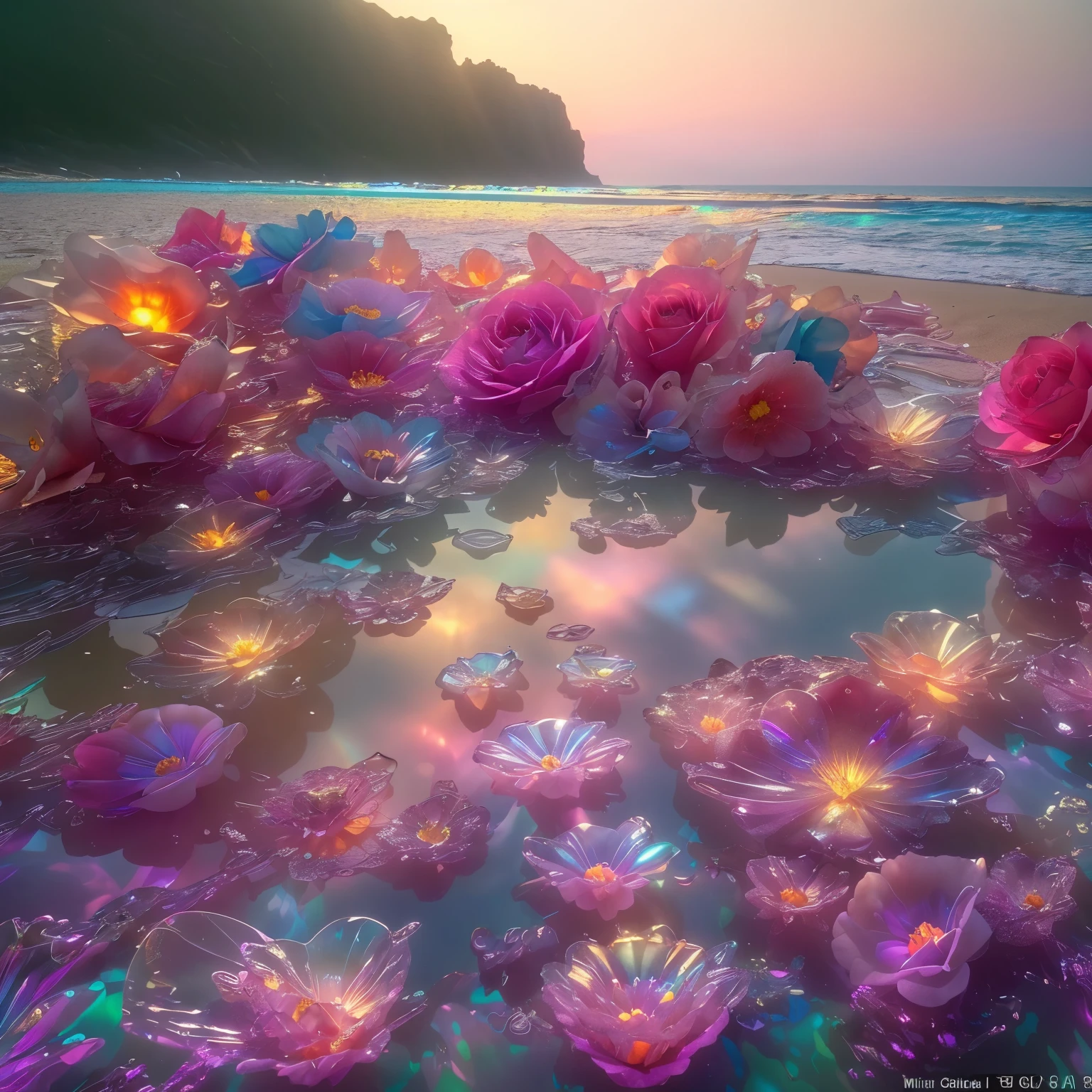 big bonfire, gorgeous beach, fantasy inside, rose,crystal flower, vapor, sunset, hot spring, masterpiece, 最high quality, ultra high resolution, born, Beautiful beach view, mill left, Rainbow splash, Crashing waves, sand, foams, milky white, (Photoluminescent water), born物発光, opal jewelry, agate, ((floating flowers)), clear, Cinematic born photograph, hyper real photograph, surreal, 8K uhd, Digital single-lens reflex camera, soft lighting, high quality, film grain, Fujifilm XT3, photographgraphed on a Kodak Retina II Sanyo Xacti VPC-CA6, 50mm lens, wide angle, HDR, surreal, color graded, volume lighting, [volumetric fog, Moist], shallow depth of field, reflection, photograph, (Sparkling), It was glaring, (iridescent), sparkling, clear, sparkling, Mysterious, fascinating, Glittering, Morocco, exotic, (masterpiece) (最high quality) (be familiar with) (8K) (HDR) (wallpaper) (cinematic lighting) (sharp focus) (Complex), romantic, heavenly