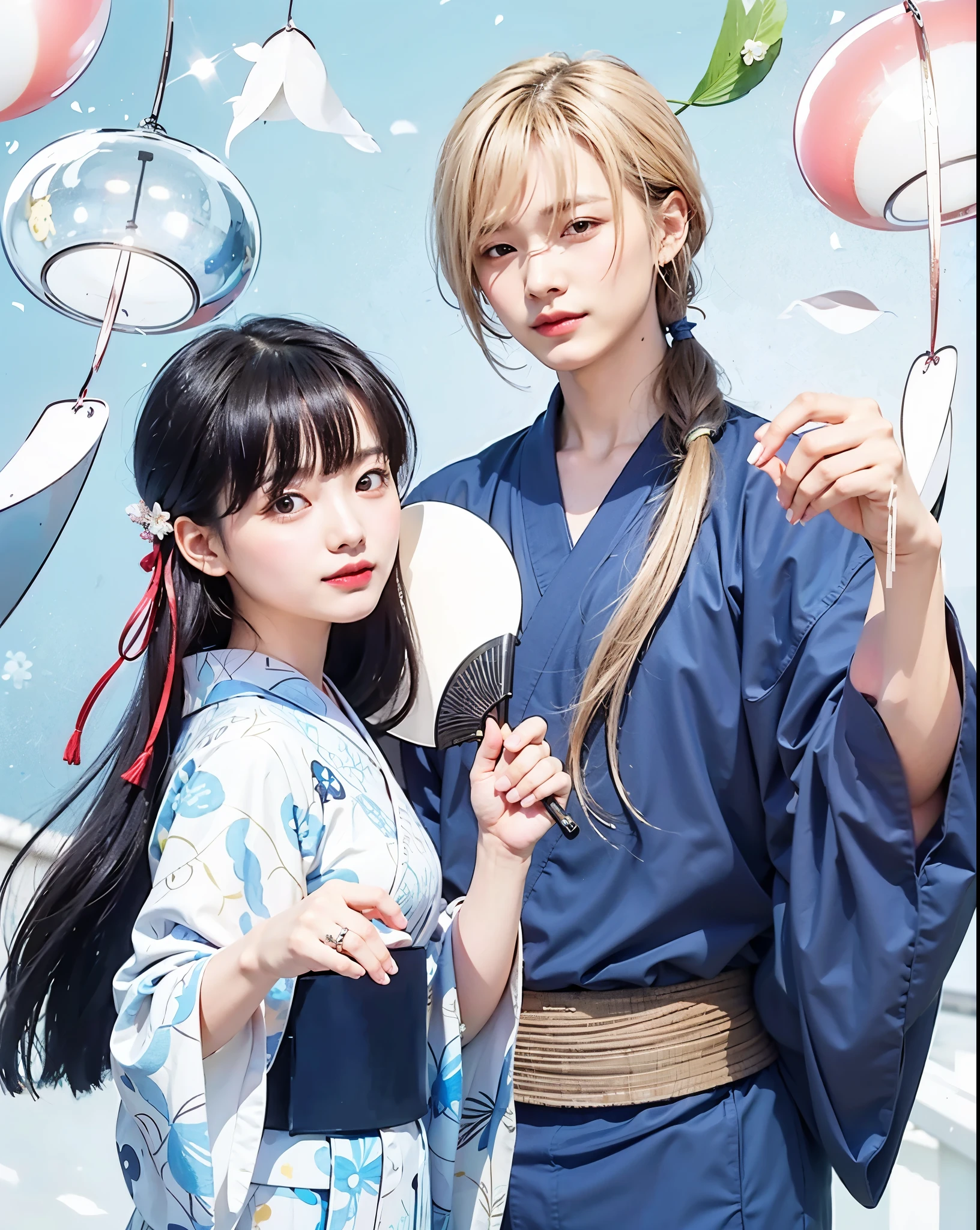 Miyo saimori, black long hair, female, busty, my happy marriage, light blue kimono, friendly smile, kiyoka kudou, male, masculine, ailver long hair, dark blue kimono