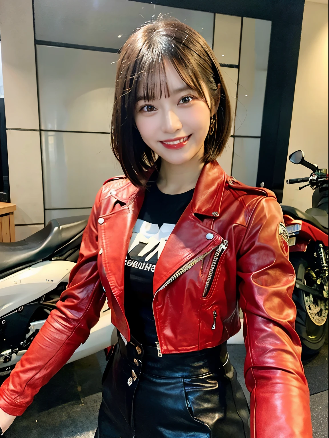 ((best quality)), ((masterpiece)), ((perfect face))、（Detailed Motorcycle）、Detailed and clear photos、((Motorcycle Women))、slender body、((red riding jacket and leather pants))、smile、posing next to a motorcycle、short hair
