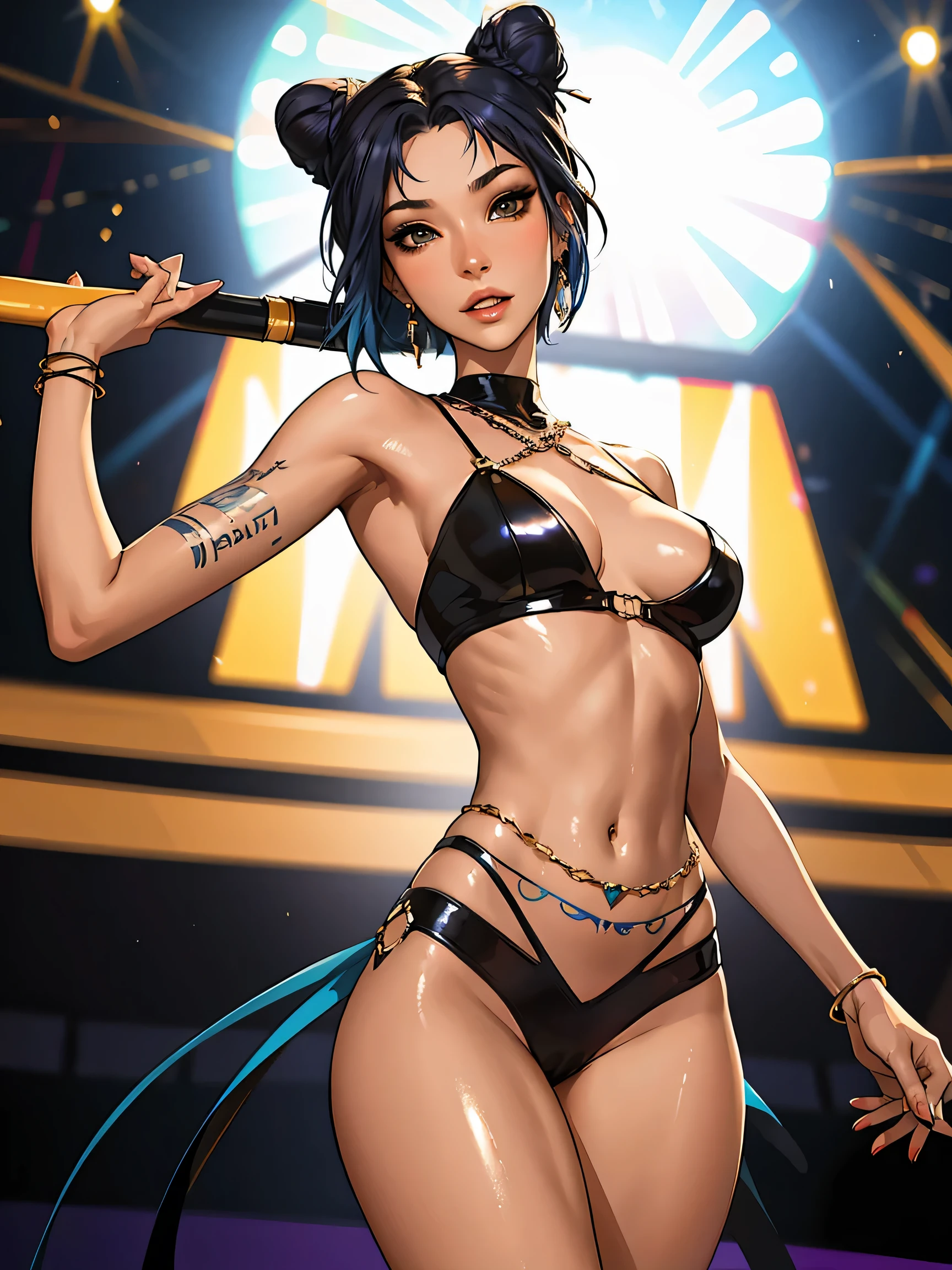 1girl,a beautiful fashion model ,(masterpiece, official art, best quality) (perfect eyes) , short and shiny dark blue hair, black streaks in hair, full lips, cute nose, medium breasts, elegant makeup, exhibitionism, naked in public, , slim thighs, toned body, shiny skin, sexy pose,,(( (slender, slim))), gold hoop earrings, eyeshadow, cute face, embarrassed, coy, surprised, blush, glittery skin, girl dancing on stage, skinny thighs, narrow hips, toned stomach, chloeprice, LifeStrangeChloe, tattoos, ((dark blue buns hairstyle)) big breasts