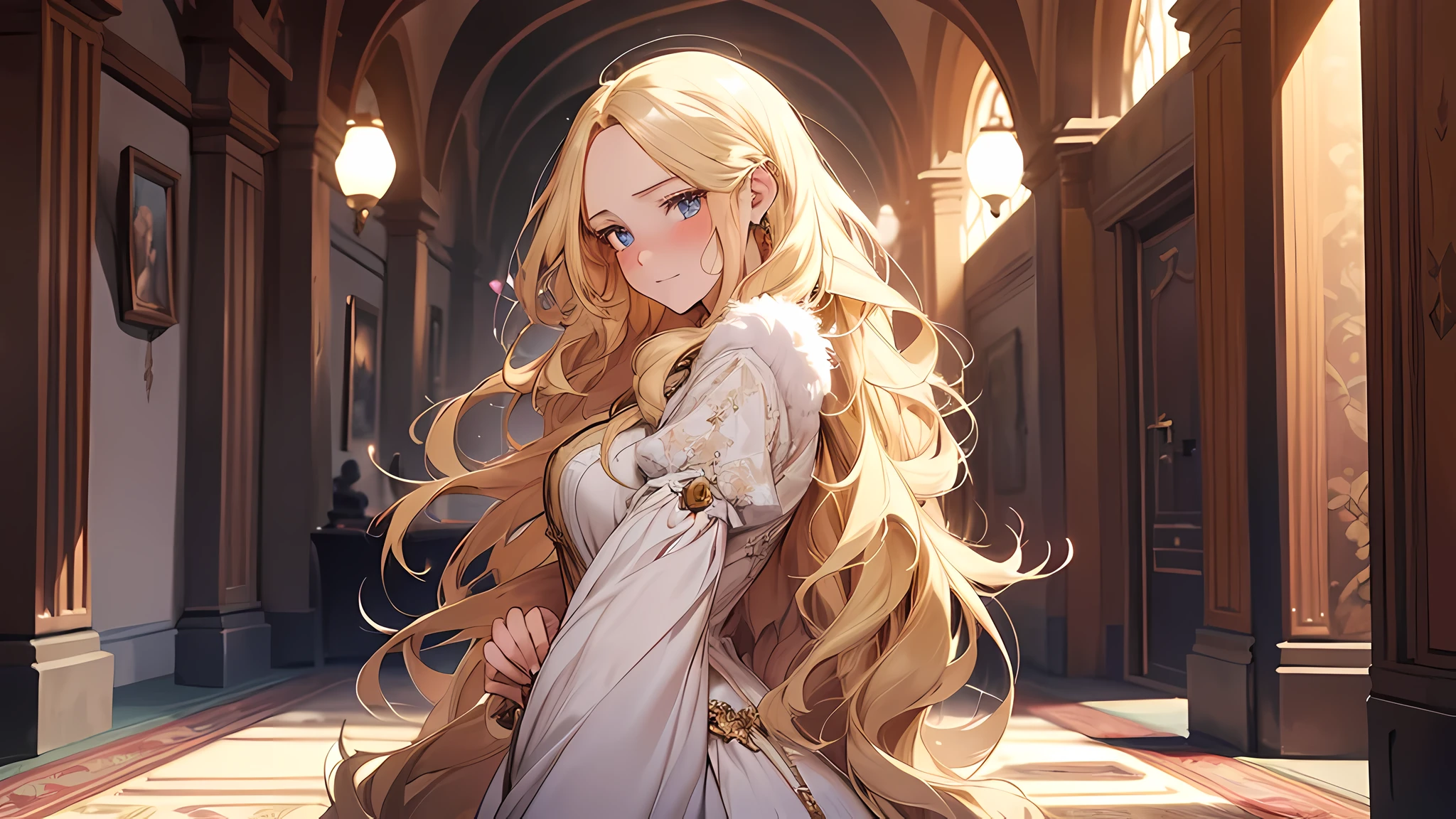 1Women，(Long fluffy blonde hair:1.6)，one piece dress，Mature woman，Rich and noble families，In a castle hallway，It was dark，There is moonshine，There are lights in the living room，Ultra-detailed CG，exquisite facial features，Clear facial expressions，Detailed digital anime art，digital anime art，High quality anime art style，Shy, Blush, Ear blush, full blush, flustered, She replied that she’s not really sure but There are actually many male Hiera Glahpicos, after all. 