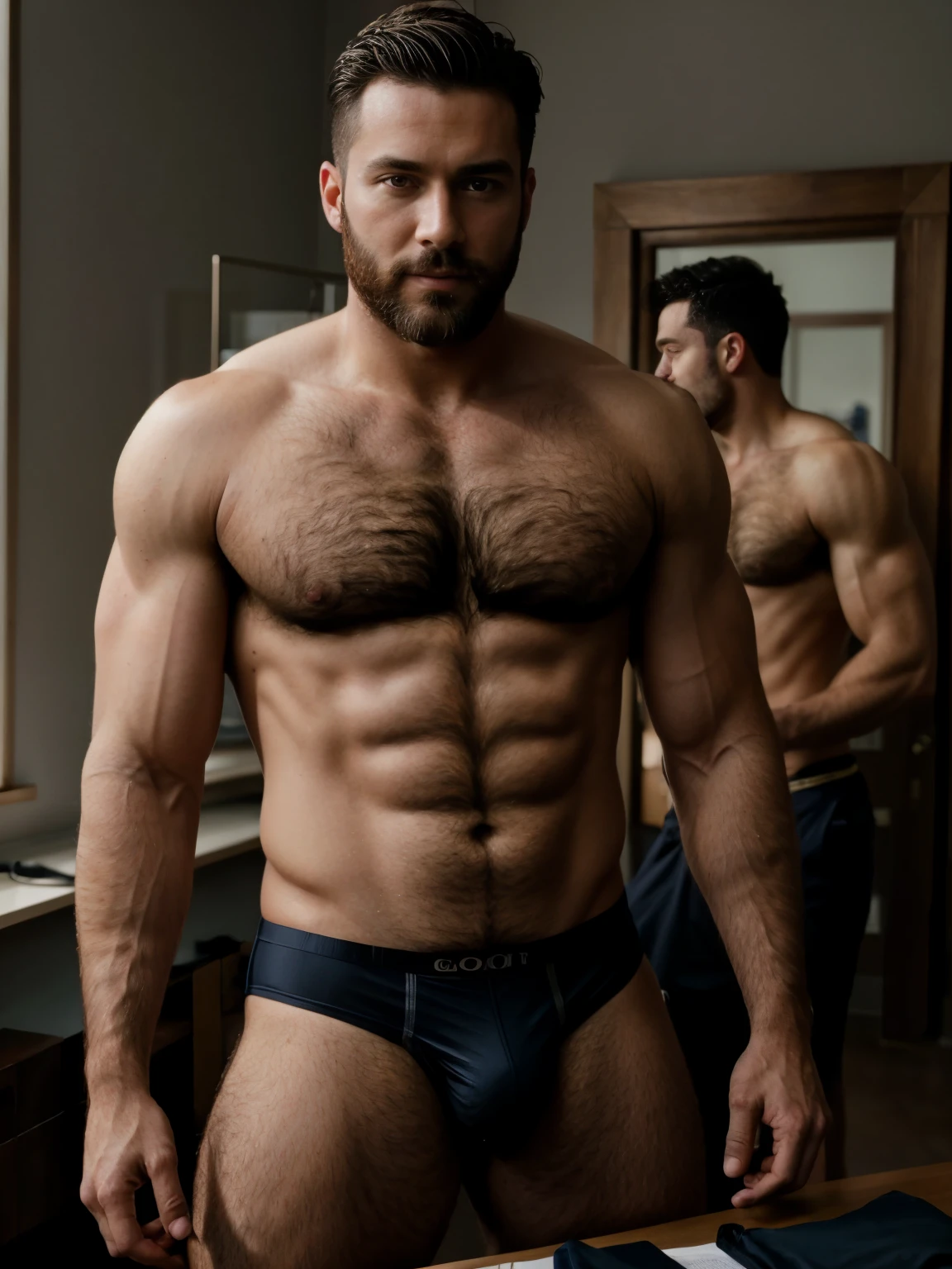 masterpiece, best quality, high resolution, closeup portrait, male focus, solo focus, A man, with doctor clothes, 50 years old, bare chest, lean body, hairy legs, posing like a model, tight underwear, body hair, facial hair, muscular , in the background a doctor office, amazing composition, front view, HDR, ultra quality, elegant, highly detailed, beard, dimples, model face, hairy body, handsome, god looking, attractive, 2 men, 2 guys touching, two gay guys, romantic touch, gay guys love