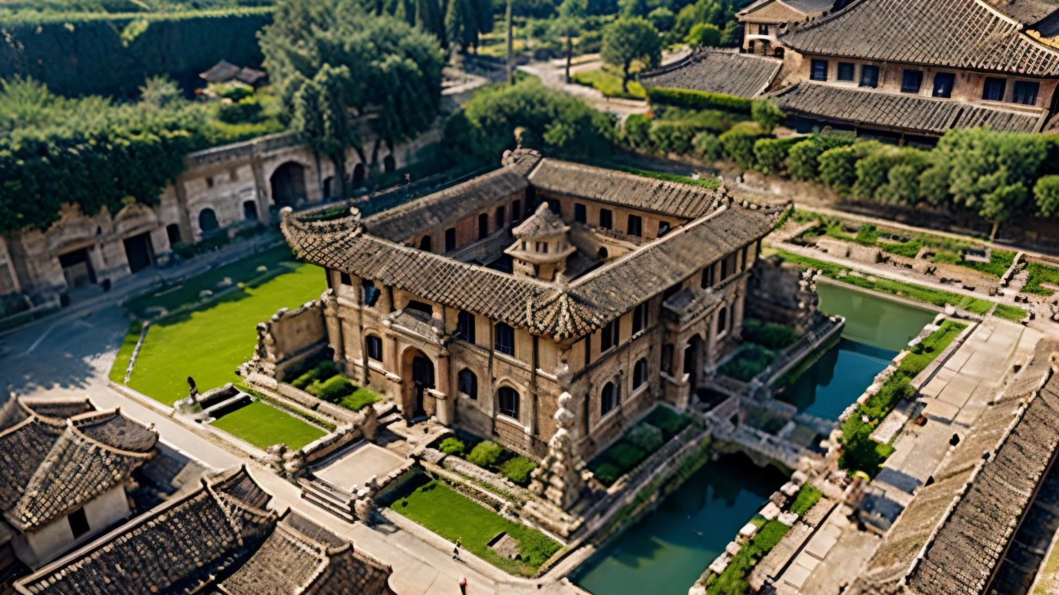 inn detailed bird's eye view unique ancient roman architecture mixed with ancient chinese architecture
