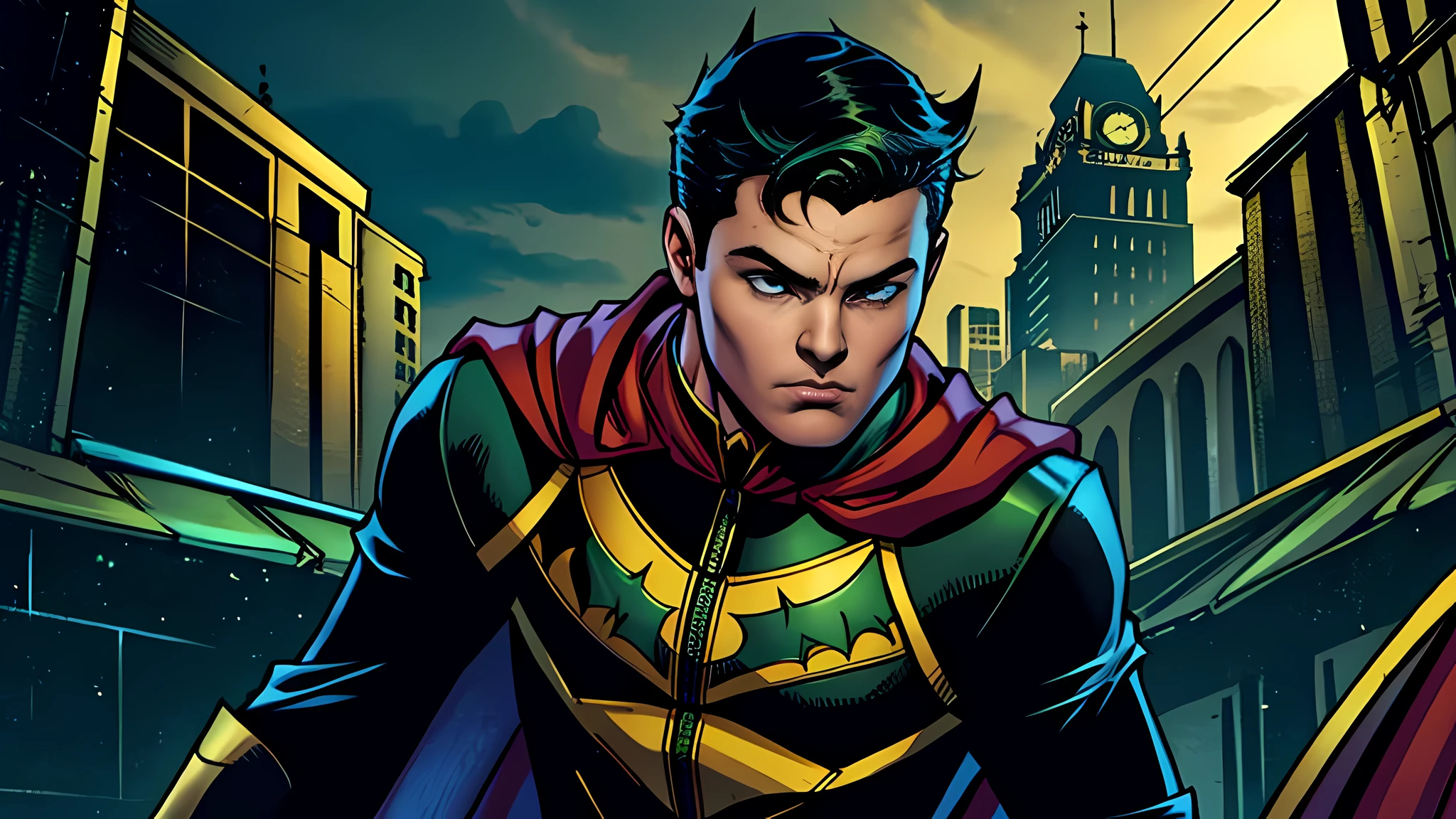 damian wayne wearing robin costume in gotham city, detailed eyes, face to detail.
