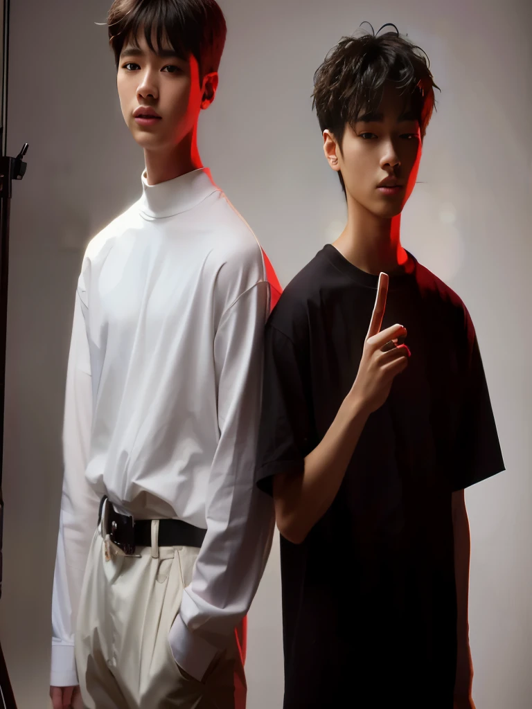 two young men standing next to each other in front of a camera, full nudity, two young men, shot in the photo studio, studio photoshot, bloom filter and blur