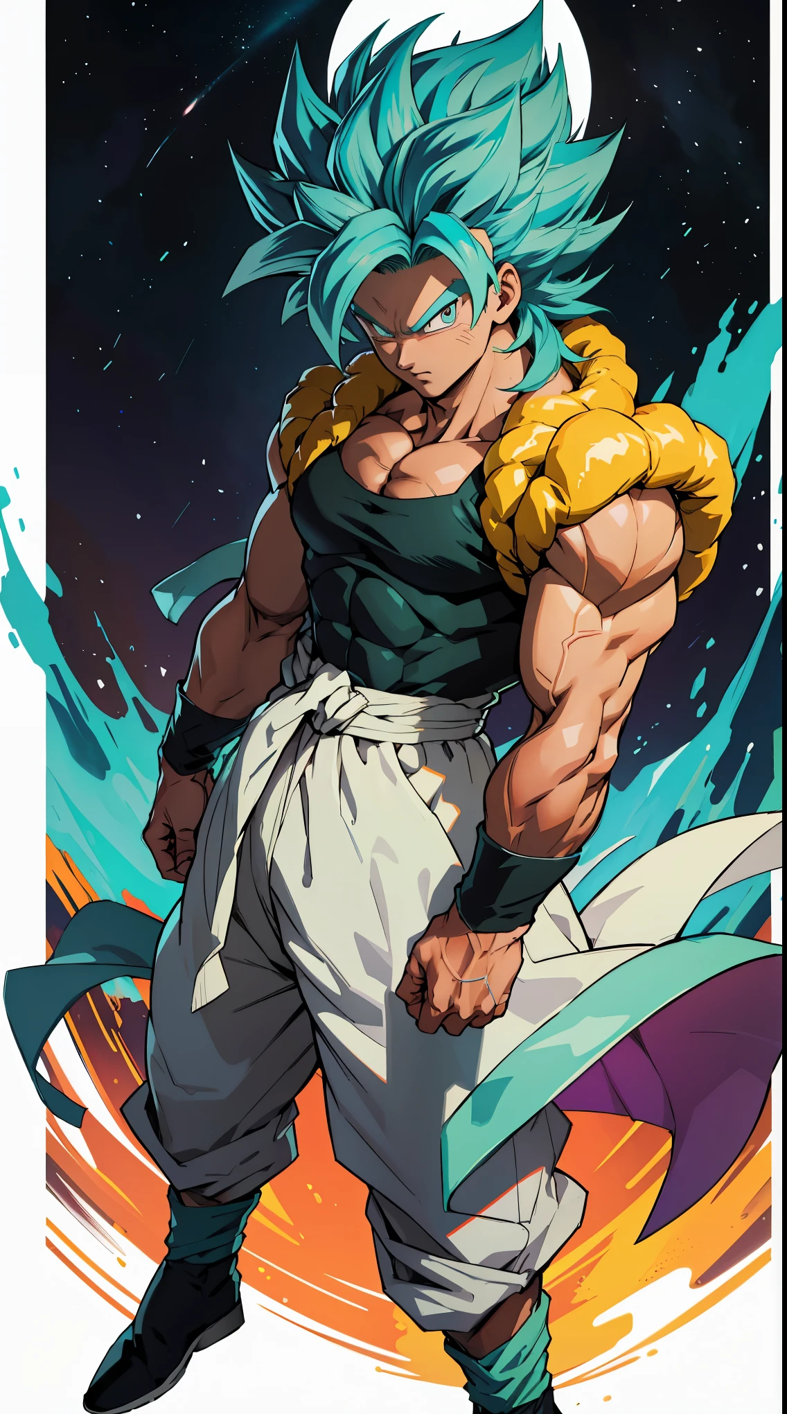 quadratic element,style of shonen anime artwork, fusion between goku and broly ,The proportions are correct,Face details,highly detailed eyes,hairstyle,Neck details,clothes details,getting ready to fight,short sleeves,Game quality,Light and shadow tracking,Ray traching,detailed glow,cg render,hair detail,Handsome,Handsome,（juvenile sense）,Clothing is complicated, Perfectcomposition,Refinement,high qulity,higher details,Lots of details, cosmos in the background, The background is complex, a sense of atmosphere, happy looking, ((anime))((colorful)), 8k, ((masterpiece)), HDR, highly detailed, vaines poping out, professiona,cloudstick,goku,super saiyan, full body artwork, on a planet, (teal hair:1.2), long hair