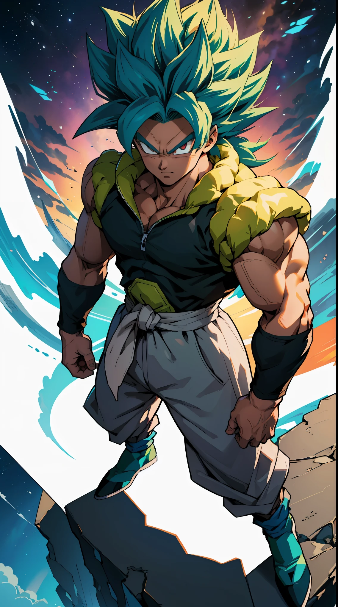 quadratic element,style of shonen anime artwork, fusion between goku and broly ,The proportions are correct,Face details,highly detailed eyes,hairstyle,Neck details,clothes details,getting ready to fight,short sleeves,Game quality,Light and shadow tracking,Ray traching,detailed glow,cg render,hair detail,Handsome,Handsome,（juvenile sense）,Clothing is complicated, Perfectcomposition,Refinement,high qulity,higher details,Lots of details, cosmos in the background, The background is complex, a sense of atmosphere, happy looking, ((anime))((colorful)), 8k, ((masterpiece)), HDR, highly detailed, vaines poping out, professiona,cloudstick,goku,super saiyan, full body artwork, on a planet, (teal hair:1.2), long hair