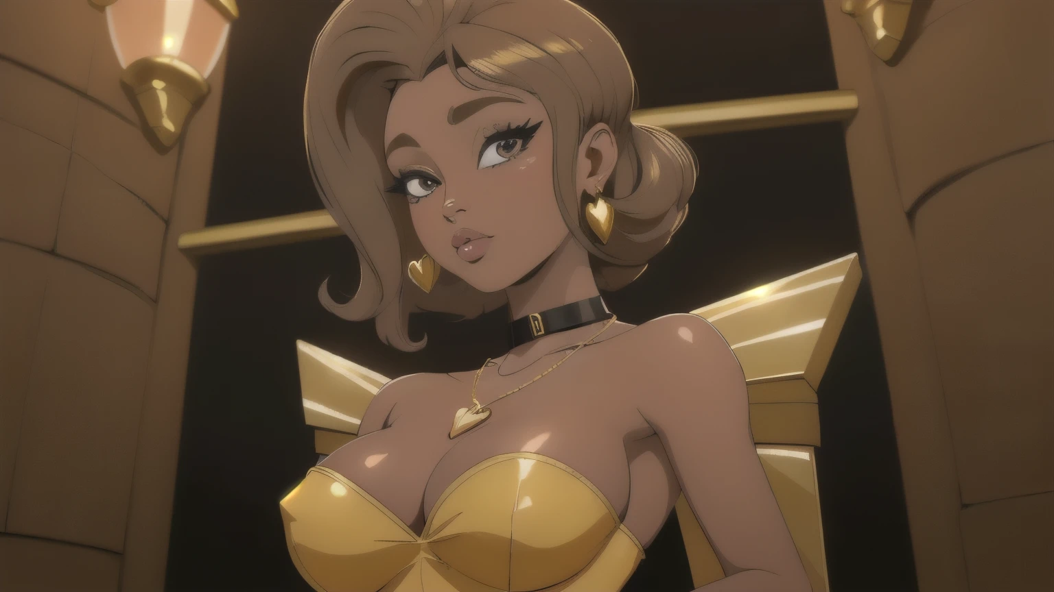 (desenho 2D) garota de pele escura, cabelo longo, medium breasts, olhos castanhos, elegante, lutadora de boxe, black collar, blusa curta amarela, heart shaped gold necklace, average height, corpo elegante e atrai te, magrinha.