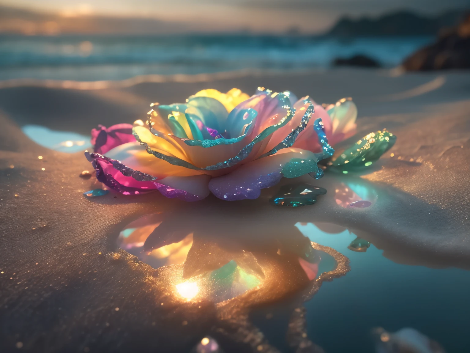 big bonfire, gorgeous beach, fantasy inside, Rose,crystal flower, vapor, sunset, hot spring, masterpiece, 最high quality, ultra high resolution, to be born, Beautiful beach view, mill left, Rainbow Splash, Crashing waves, sand, foams, milky, (Photoluminescent water), to be born物発光, Opal Jewelry, agate, ((floating flowers)), clear, Cinematic to be born photograph, hyper real photograph, surreal, 8K UHD, Digital single-lens reflex camera, soft lighting, high quality, film grain, Fujifilm XT3, photographgraphed on a Kodak Retina II Sanyo Xacti VPC-CA6, 50mm lens, wide angle, HDR, surreal, color grading, volume lighting, [volumetric fog, Moist], shallow depth of field, reflection, photograph, (Sparkling), It was glaring, (iridescent), Sparkling, clear, Sparkling, Mysterious, attractive, Glittering, Morocco, exotic, (masterpiece) (最high quality) (become familiar with) (8K) (HDR) (wallpaper) (cinematic lighting) (sharp focus) (Complex), romantic, sky