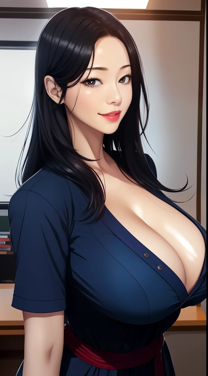 Joshiochi,1 girl,long hair,dark blue hair,bangs,swollen lips,painted lips, thick lips,reveal cleavage, erotic,smile,huge breasts,older sister,suit,shirt,Teachings,28 years old,Sweat,shiny skin,classroom