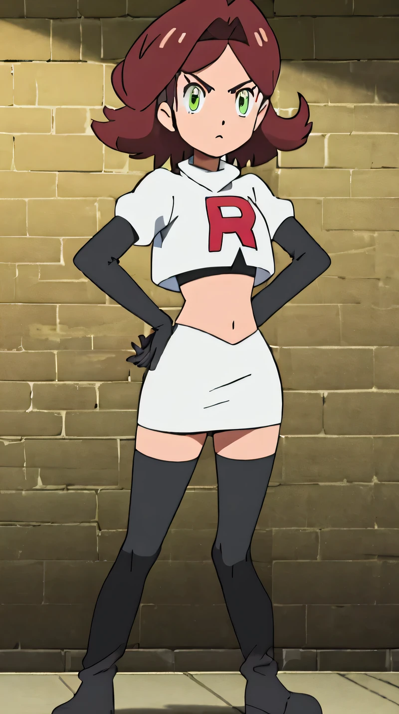dorothea, green eyes, very short hair ,glossy lips ,masterpiece, best quality, highres,team rocket uniform, red letter r, white skirt, white crop top, black thigh-high boots, black elbow gloves, glaring angrily, looking down at viewer, hands on hips, full body seen, zettai ryouiki