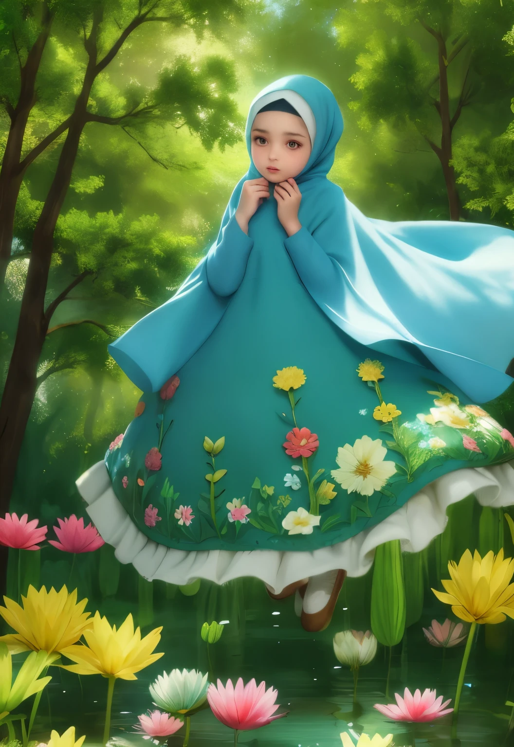 girl muslim with hijab clotes in a forest with floating flowers, river, puffy, puffy cheeks, cute,
vibrant colors, colorful art style, 
soft lighting, soft shadows, detailed textures, dynamic lighting,  
nice hands, perfect hands, 
