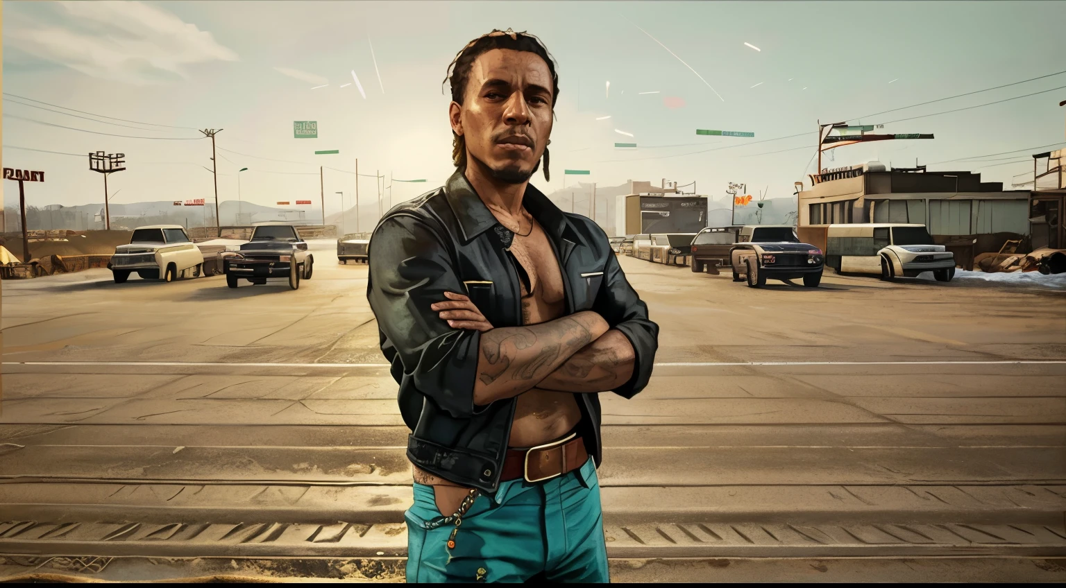 A film inspired by Disney Pixar (YOUNG WHITE BOY WITH LONG BLACK CURLY HAIR) He is walking on the city streets, with a gun on his waist, no shirt on the body, with a tattoo on his body with the name WY STRONG SIL, Loose pants, cloud tennis, many gold threads around the neck, gold watch on wrist. pixar, cool and stylish