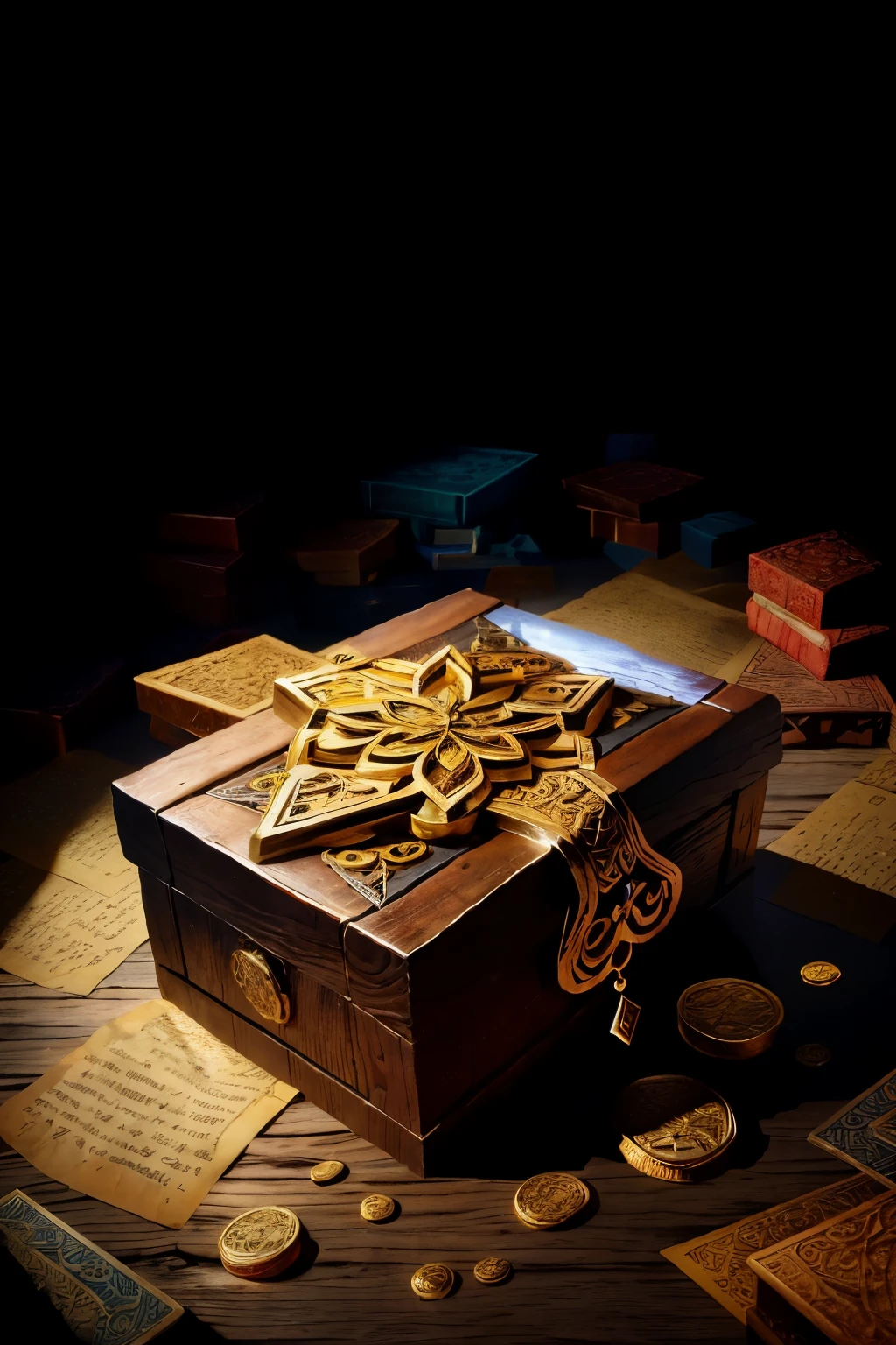 Mystery box game, intriguing and enigmatic, richly textured 8K image. The game pieces, shrouded in an air of secrecy, are neatly arranged within an ancient wooden box. Its worn and weathered exterior, though simple, hints at the complexity and depth hidden inside. The box's intricate carvings and etchings appear to tell stories of adventures long past.
Upon opening, the viewer is greeted by a captivating scene: colorful gems, golden coins, and precious artifacts scattered haphazardly amidst a sea of paper scrolls, maps, and mysterious trinkets. A golden key lies visible at the center,
