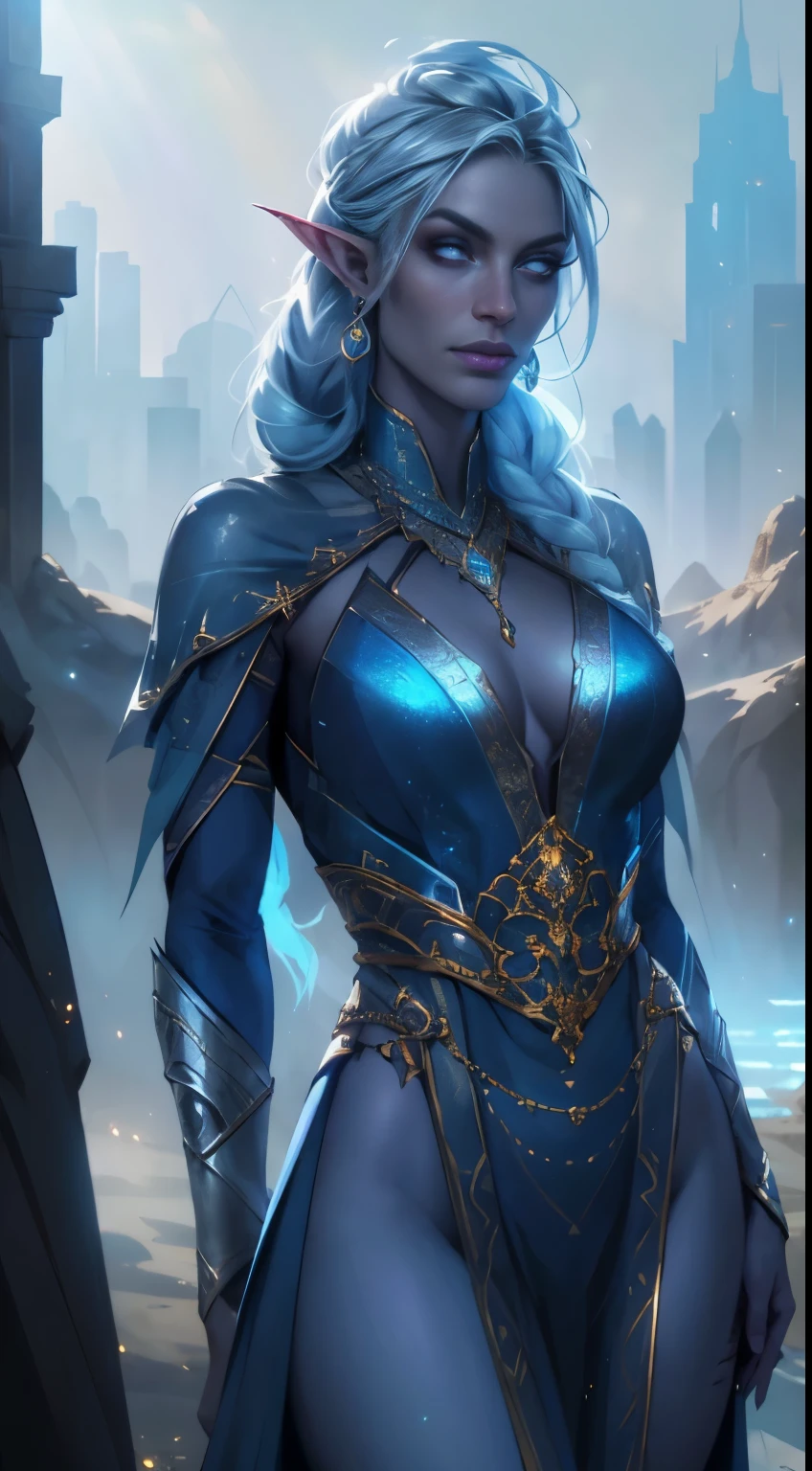 1girl, drow sexy, pele roxo-azul, long and elaborate braids of pale silver, ((olhos vermelhos)), jewelries, orelhas de elfo, Brincos, ((vestido sexy feiticeira branca)), ((maneja a equipe)), ((Cast light magic)), on a roof of skyscrapers, atletic, Volumetric lighting, best quality, master part, Realistic, anatomicamente correto, (Strong cinematic lighting), detalhes impressionantes, detalhes intrincados, 8K post-production, high resolution, super detalhes, trending on ArtStation, sharp focus, profundidade de campo f/1.8, studio photos, (((Looking at camera)))