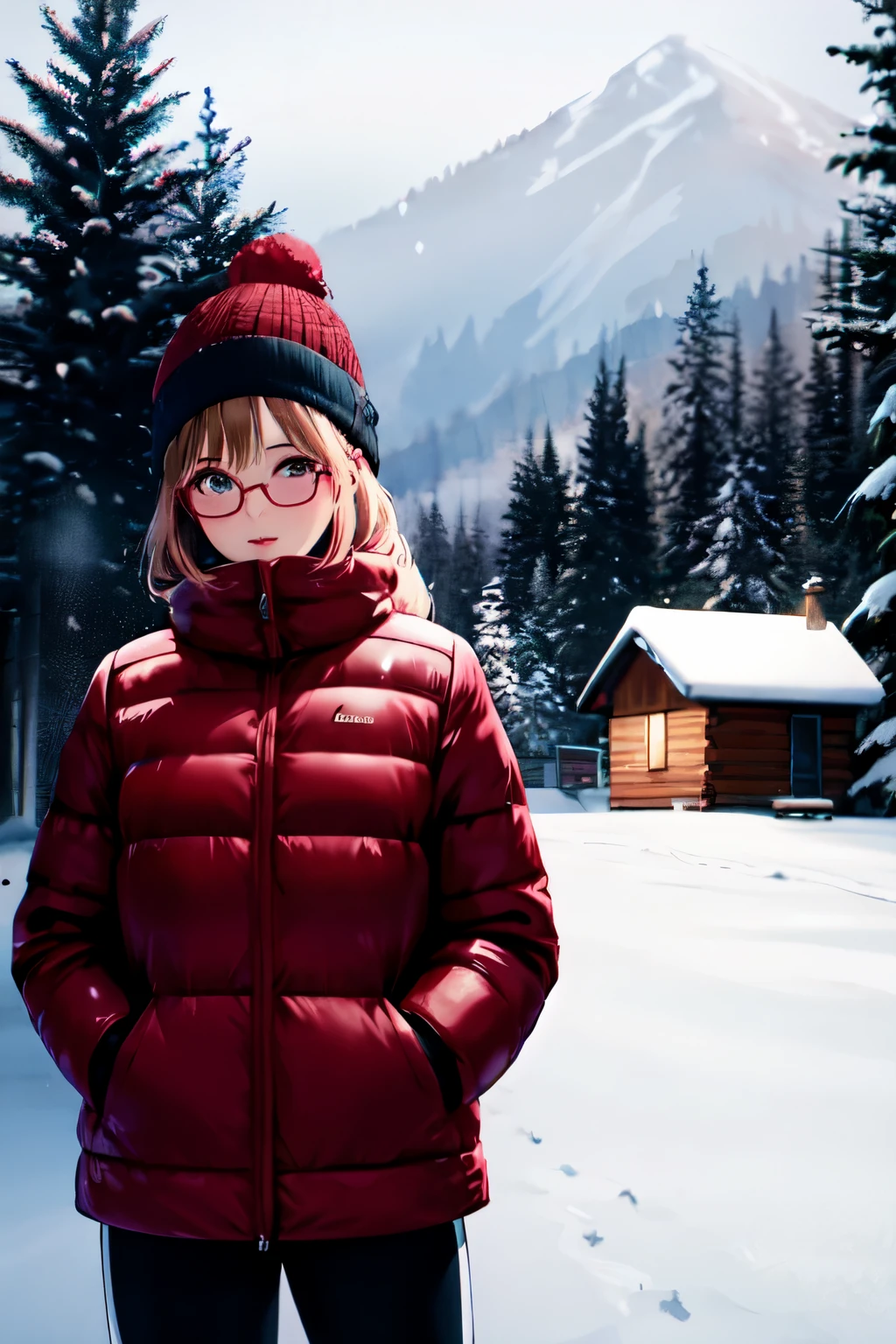 ((best quality)), ((masterpiece)), (detailed), perfect face, teenage brown girl, golden glasses, cream beanie, dark brown skiing jacket, red skiing gloves, white sweatpants, red skiing gliders with red and black skiing sticks on a backdrop of snow with a wooden cabin with a snowy roof on the left and a few pine trees on the right. standing and look slightly to the left. full photo. digital art
