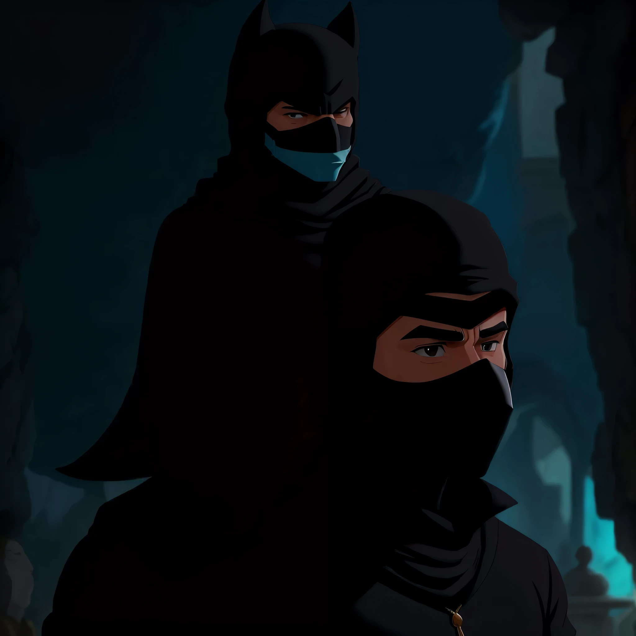 A mysterious cartoon character of a man wearing a black mask in the background. Setab is beautiful