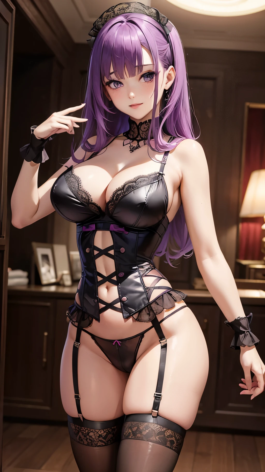 (masterpiece), best quality, big expressive eyes, perfect face, sexiest girl imaginable, cute girl, purple hair, voluminous hair, slutty lingerie outfit, hip-length hair, no makeup, cleavage, close-up face, ((sexually explicit )), prostitute,, bitch, pink club lights, naughty smile, looking at viewer, sheer lingerie outfit ((lace corset)(thong)(girdle- league)(7/8 stocking)), sweaty, flushed expression