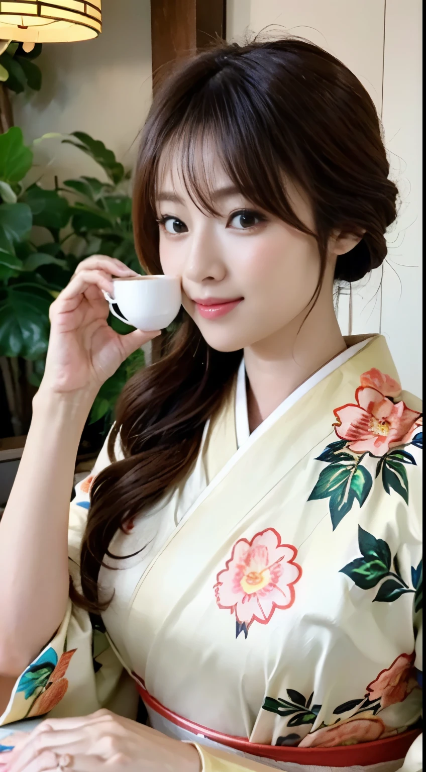 (((A beautiful woman wearing a long-sleeved kimono and drinking tea with a teacup in both hands at a teahouse at a shrine))),(((A gravure idol who looks good in Japanese clothes is sitting on a chair at a coffee shop..))),(((table top:1.6))),(((Ulzzang-6500))),(((perfect anatomy:1.6))),(((Deep depth of field with Hasselblad))),(((sexy waist))),masterpiece,highest quality,Super high resolution,high detailed portrait,(photo-realistic:1.4),(((A tall nose and a beautiful face))),(((long limbs like a model))),The fair-skinned nape of the neck is dazzling,(((Wear formal Japanese clothing that shows off your body line beautifully.))),Raise your chin and drink tea,((Full body shooting from the side)),cute 20 year old, Her long glossy chestnut hair is tied up and the nape of her neck is sexy..,((Proud F cup breasts )),(can&#39;my waistline is not enough),(famous popular japanese actress),(look over your shoulder、Smile by raising the corners of your mouth and eyebrows),detailed eye,((wood々Gravure photo shoot at an elegant shrine with lush greenery)),((long eyelashes,Big eyes,Clear double eyelids,((glossy thick lips)),(((perfect anatomy:1.4))),