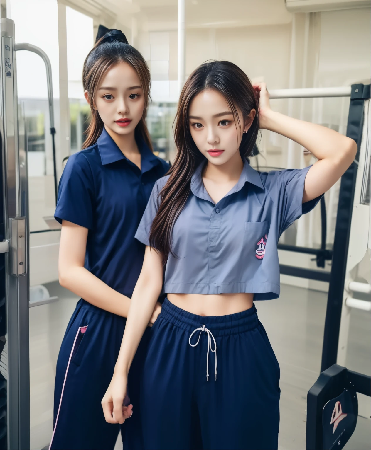 2 girls in fitness center, Navy blue short-sleeved shirt,Navy Long Trackpant,Sweatpants, Sweatpantsขายาว,25 year old girl, lesbian, sexy, exercise clothes, wet body