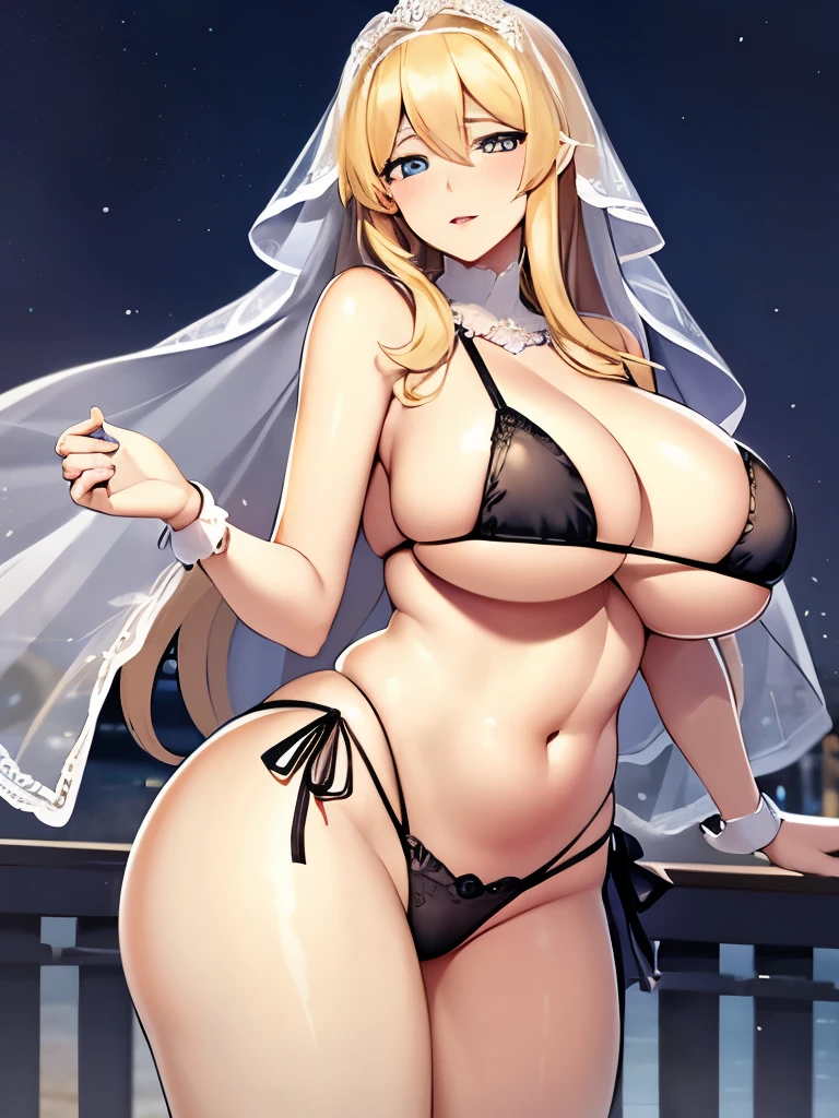 best quality　high resolution　French blonde married woman in her late 20s　bride　black and white cow print wedding bikini　Idol-class cute face　beautiful lips　Harem　No bra　Enchanting huge plump 　naughty look　sea wedding style　A woman who loves H　intense activity at night