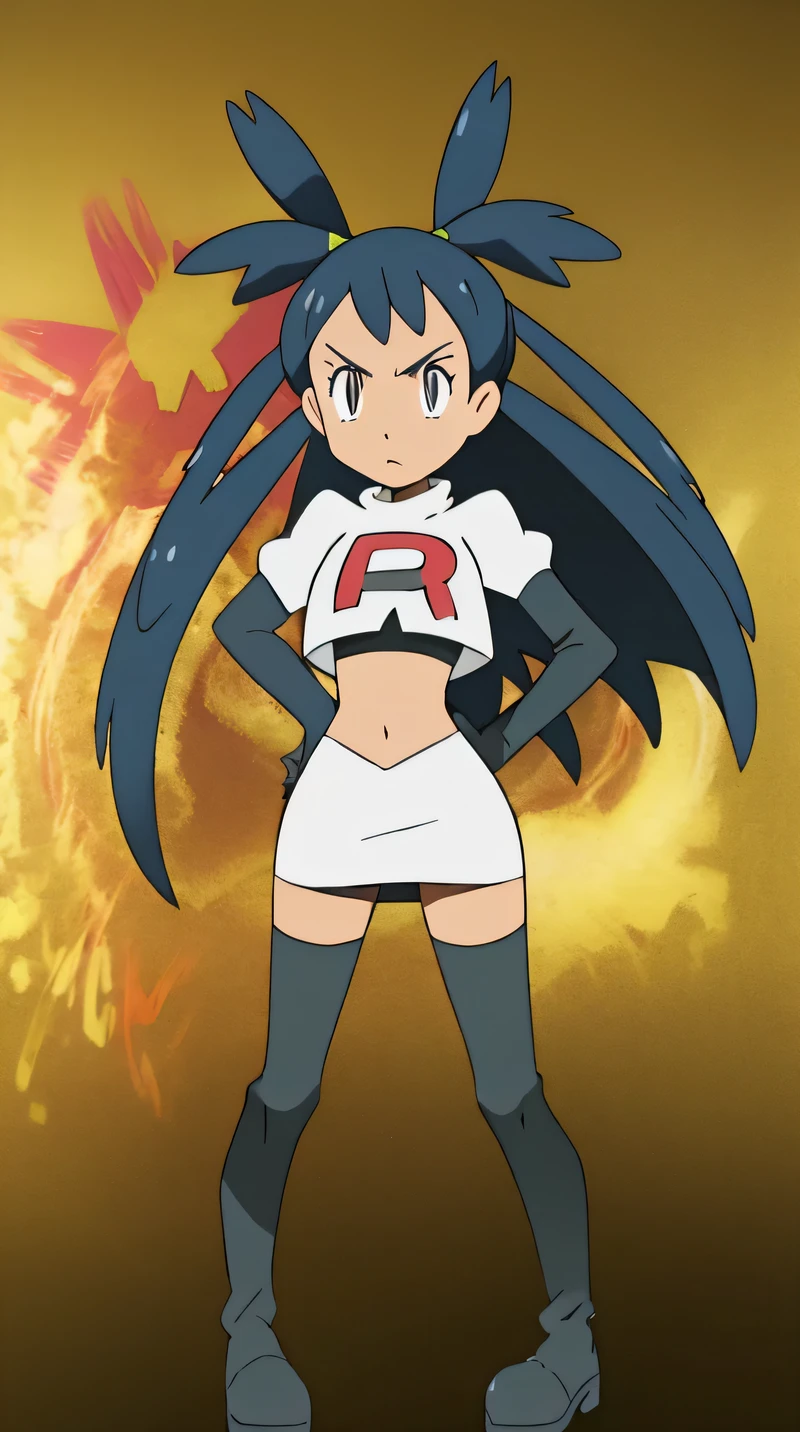 irisb dark skin, glossy lips,masterpiece, best quality, highres,team rocket uniform, red letter r, white skirt, white crop top, black thigh-high boots, black elbow gloves, glaring angrily, looking down at viewer, hands on hips, full body seen, zettai ryouiki