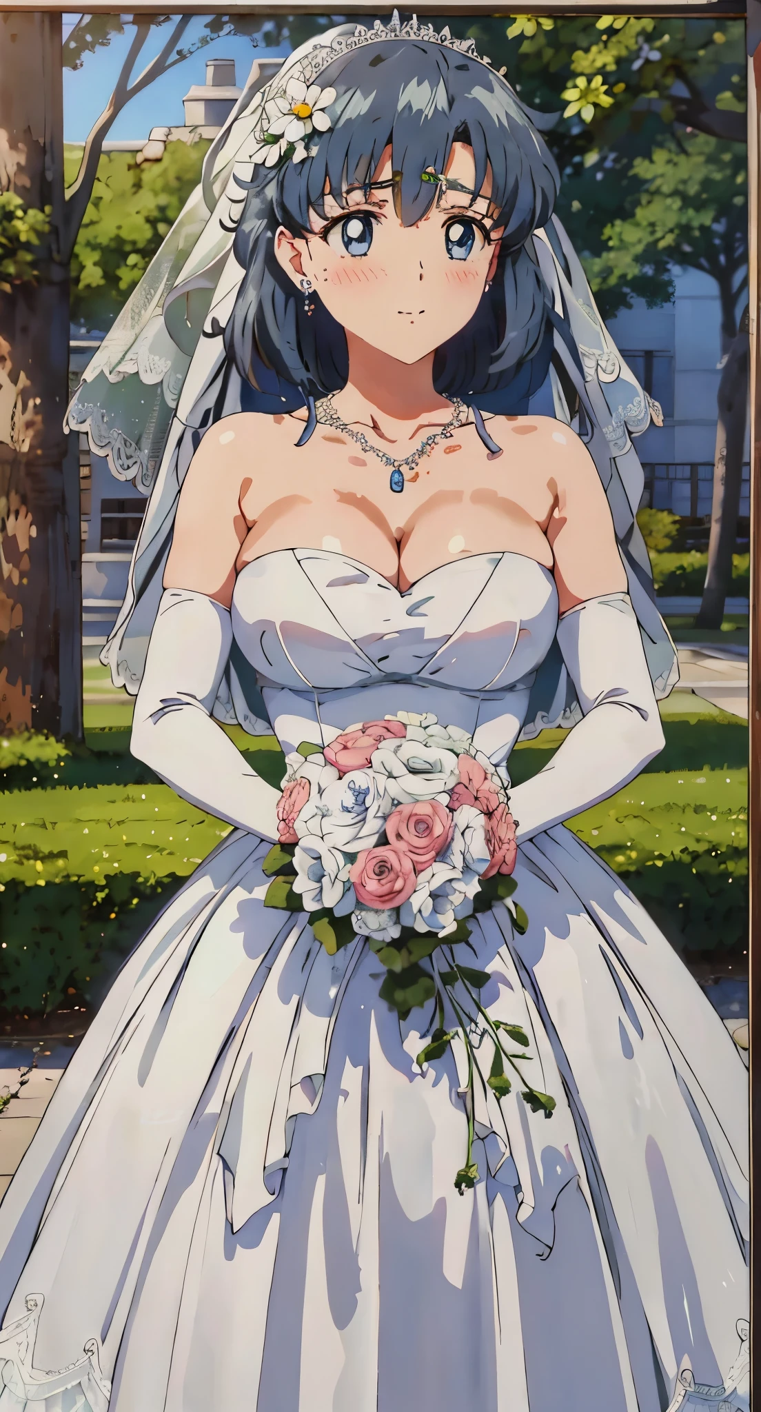 masterpiece， best quality， high resolution， identical,sailor mercury,amimizuno,mer1,tiara,
1 girl, 20 years old,young women,Close-up of beautiful bride wearing beautiful bridal dress,Guwitz,（Transparent short veil：1.5），Blushed，Head flower，headgear，（bandeau wedding dress：1.5），（Silk dress：1.2）,（Strapless wedding dress：1.5）,pure white dress，necklace，earrings，(large breasts:1.3)，Deep V peach heart collar wedding dress，through bangs，lipstick，（lace gloves：1.3),