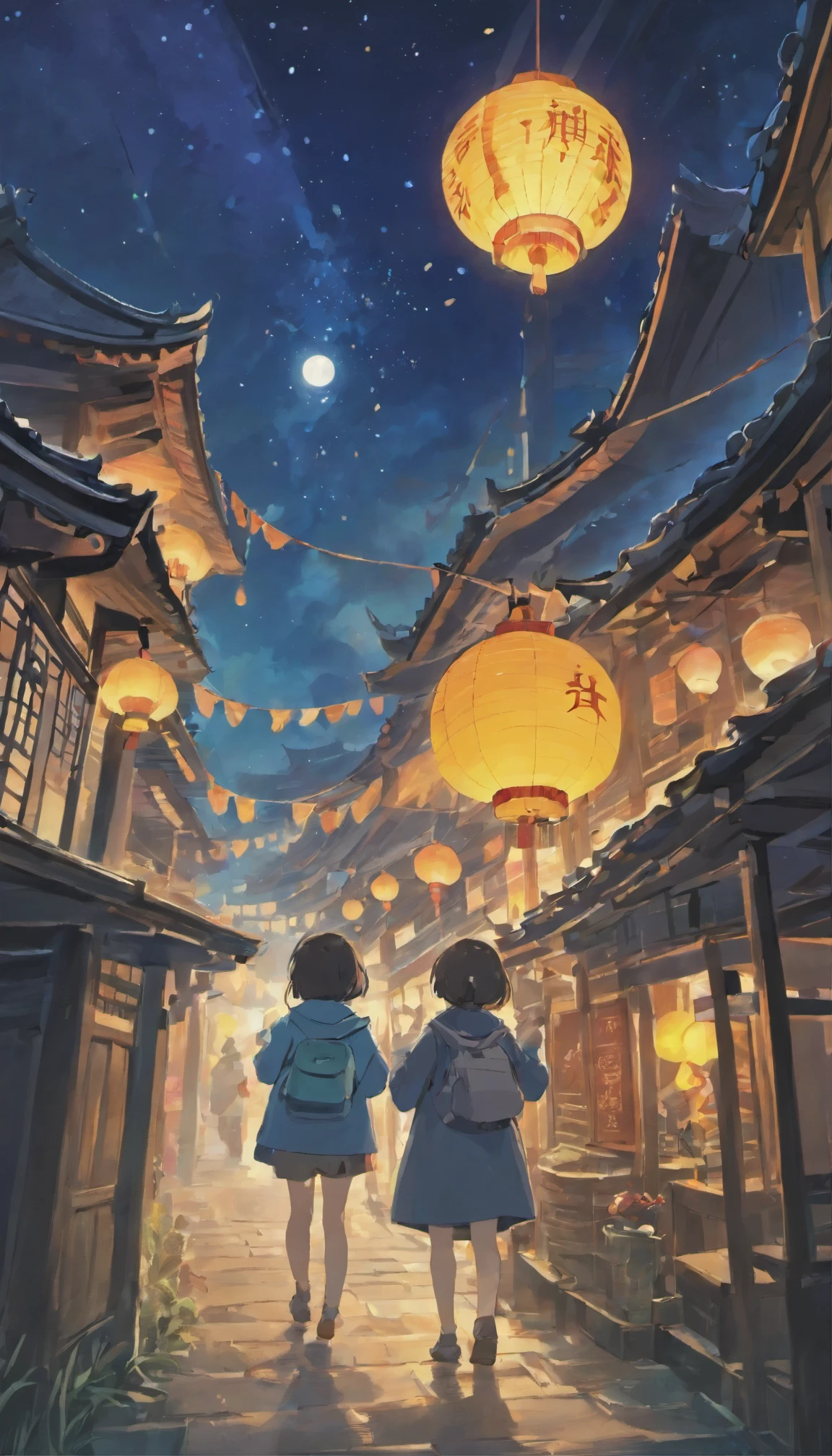 on a quiet autumn night,A bright full moon hung high in the blue night sky,A little star is shining。in a beautiful square,A family of three under the moonlight,They wait silently,As if waiting for an important moment。
The square is decorated with traditional celebration facilities,Bamboo lanterns and art installations adorn the environment,Add a mysterious atmosphere to the festival。The stalls are filled with mooncakes of various flavors,Exudes an enticing aroma,people waiting to taste。when night falls,The lights gradually turn on,Adds a unique color to the square。
in the night sky,Brilliant fireworks bloom,push the entire celebration to,People look up to the sky,Celebrating the Mid-Autumn Festival。This moment is full of tradition and celebration,Present unforgettable artistic images。