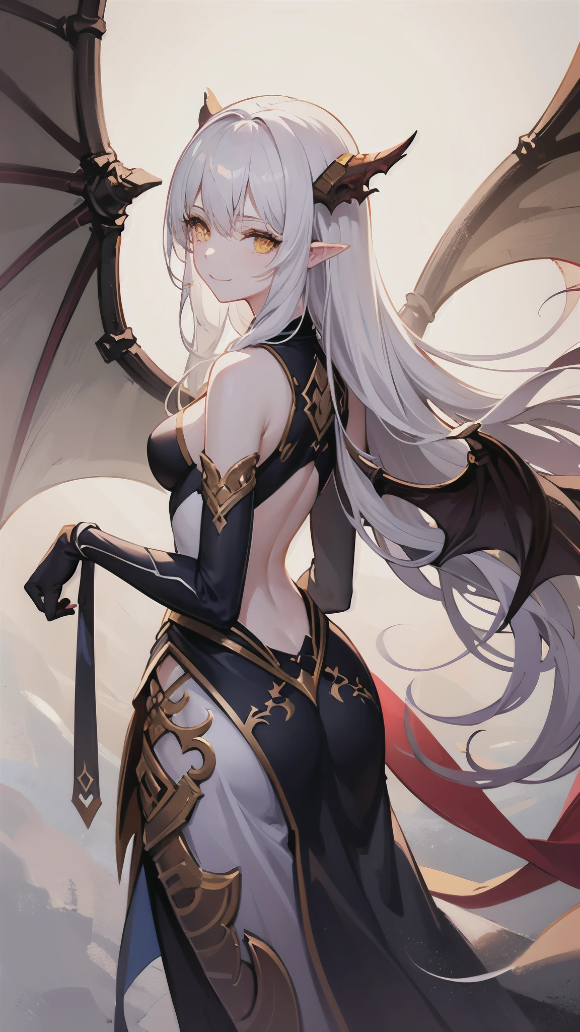 Very delicate and beautiful CG illustrations, best quality, high resolution, Dynamic angle, Full length shot, (1 girl), A beautiful half-human, half-dragon girl with yellow eyes and long, straight white hair.., float, soft light, High-key backlighting) Posing, looking back with a smile