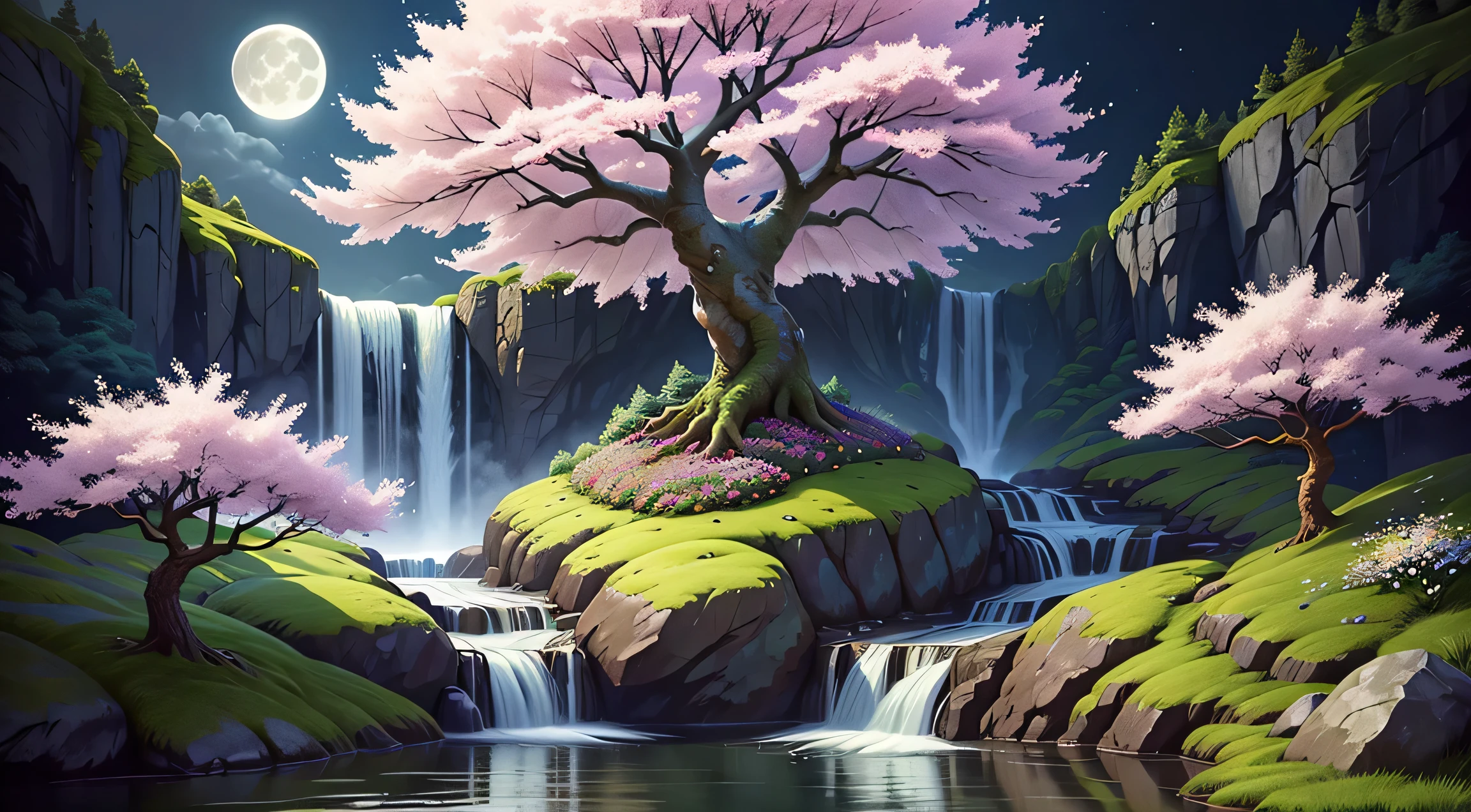 meilleure qualité, étrangement détaillé,forêt de fleurs fantastiques, Un cerisier en fleurs penché à 45 degrés vers le ruisseau, Il y a des cascades, pleine lune, Beau paysage